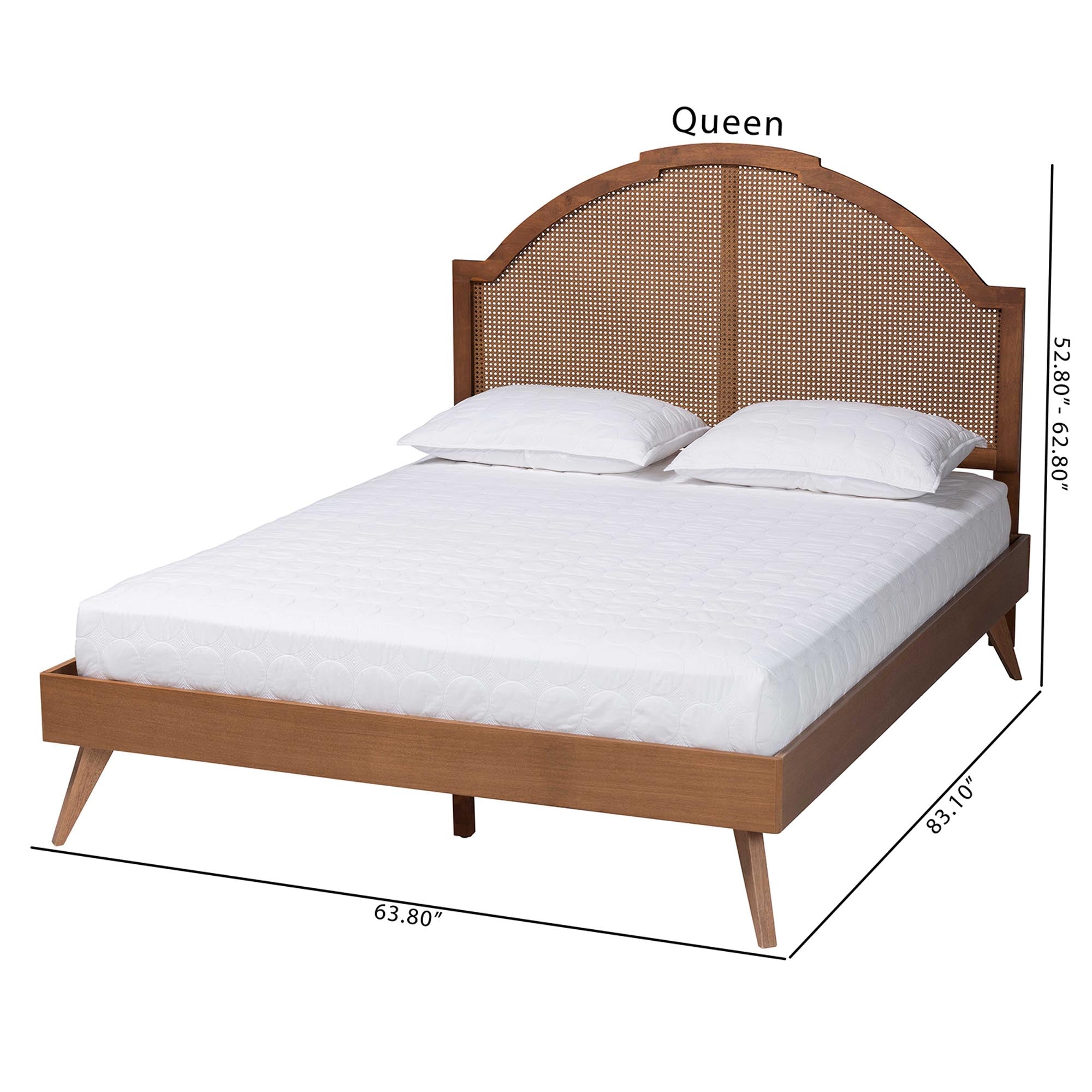 Elmdon Mid‑Century Queen Walnut Wood & Rattan Platform Bed – Angled Legs & Adjustable Height Headboard