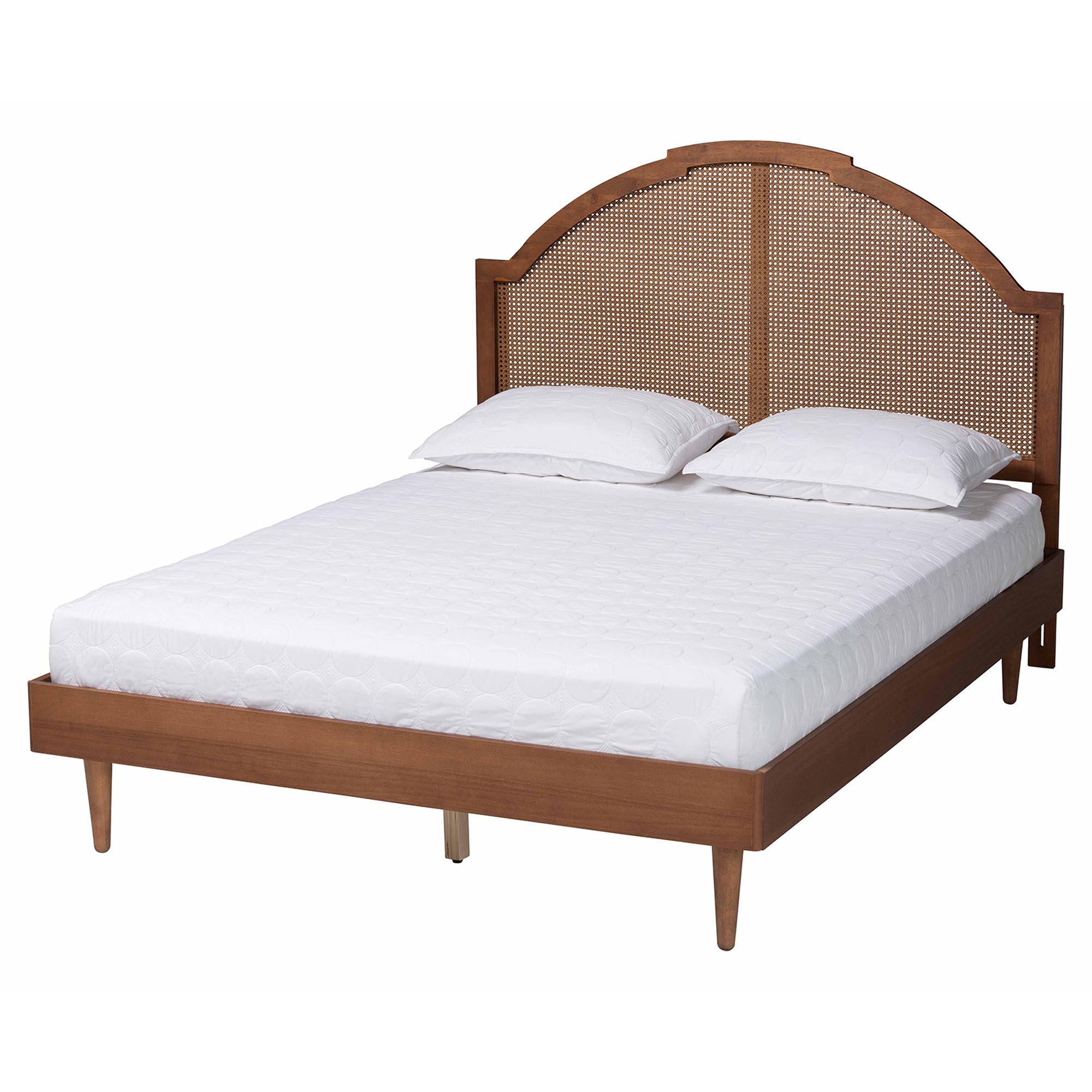 Norwich Queen Rubberwood Platform Bed – Walnut Mid‑Century Style with Crafted Woven Rattan & Wood Slats