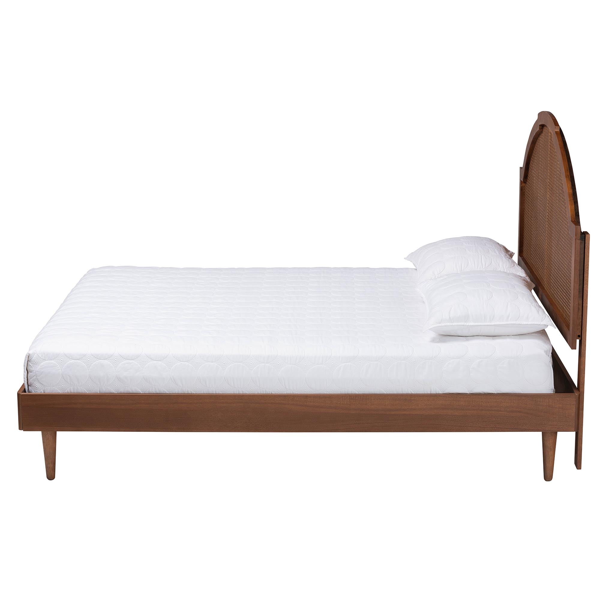 Norwich Queen Rubberwood Platform Bed – Walnut Mid‑Century Style with Crafted Woven Rattan & Wood Slats