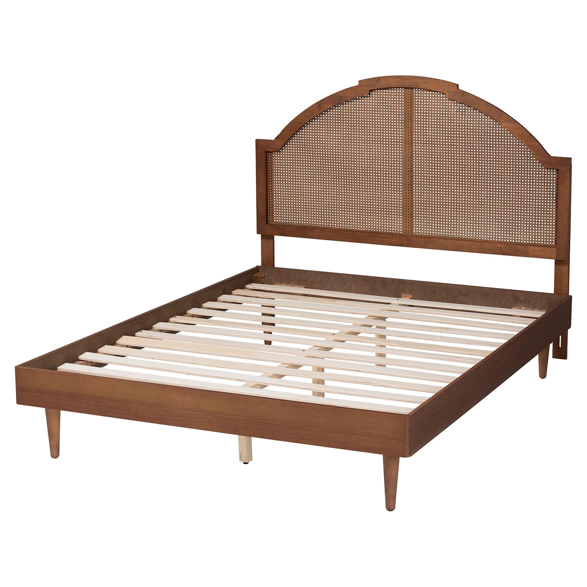Norwich Queen Rubberwood Platform Bed – Walnut Mid‑Century Style with Crafted Woven Rattan & Wood Slats