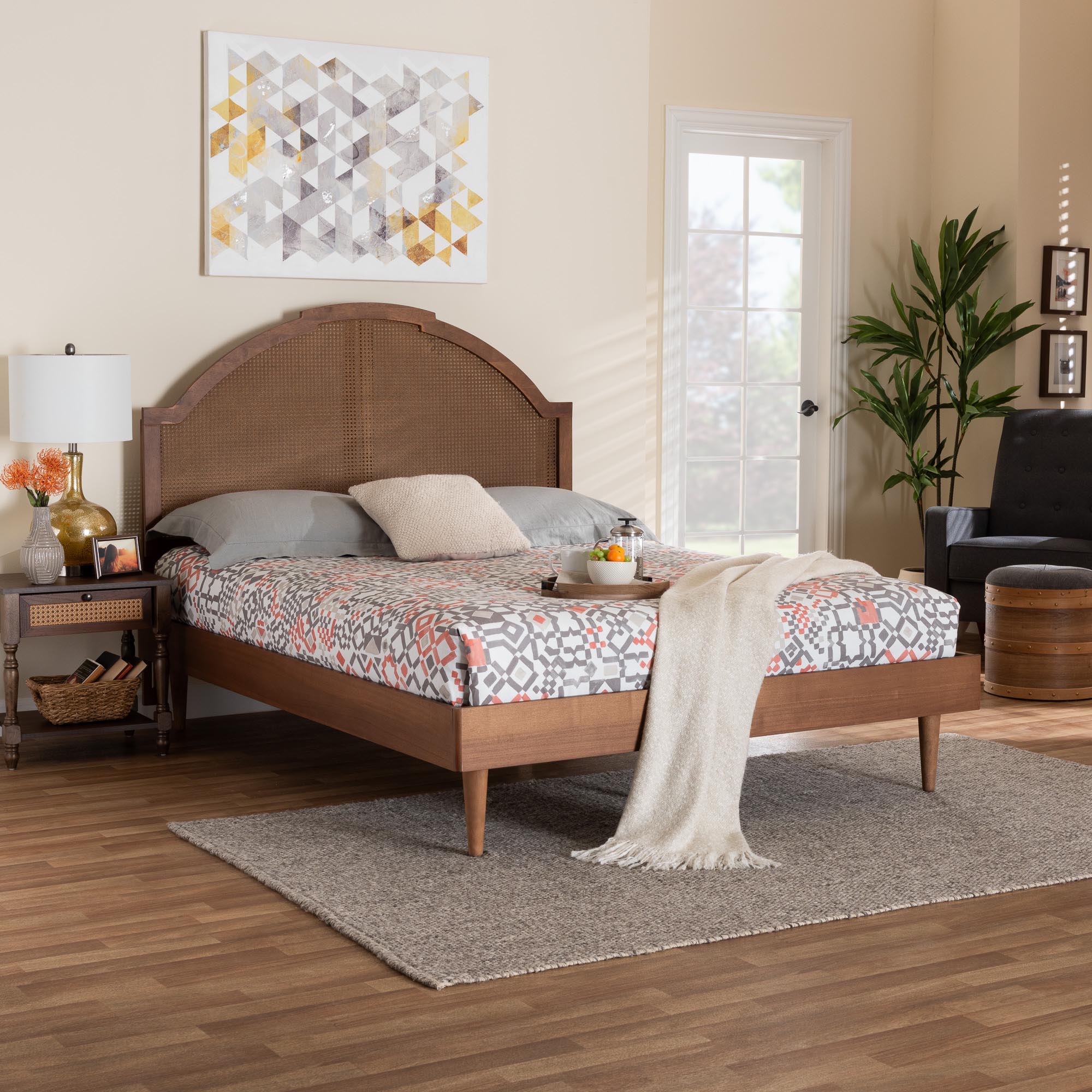Norwich Queen Rubberwood Platform Bed – Walnut Mid‑Century Style with Crafted Woven Rattan & Wood Slats