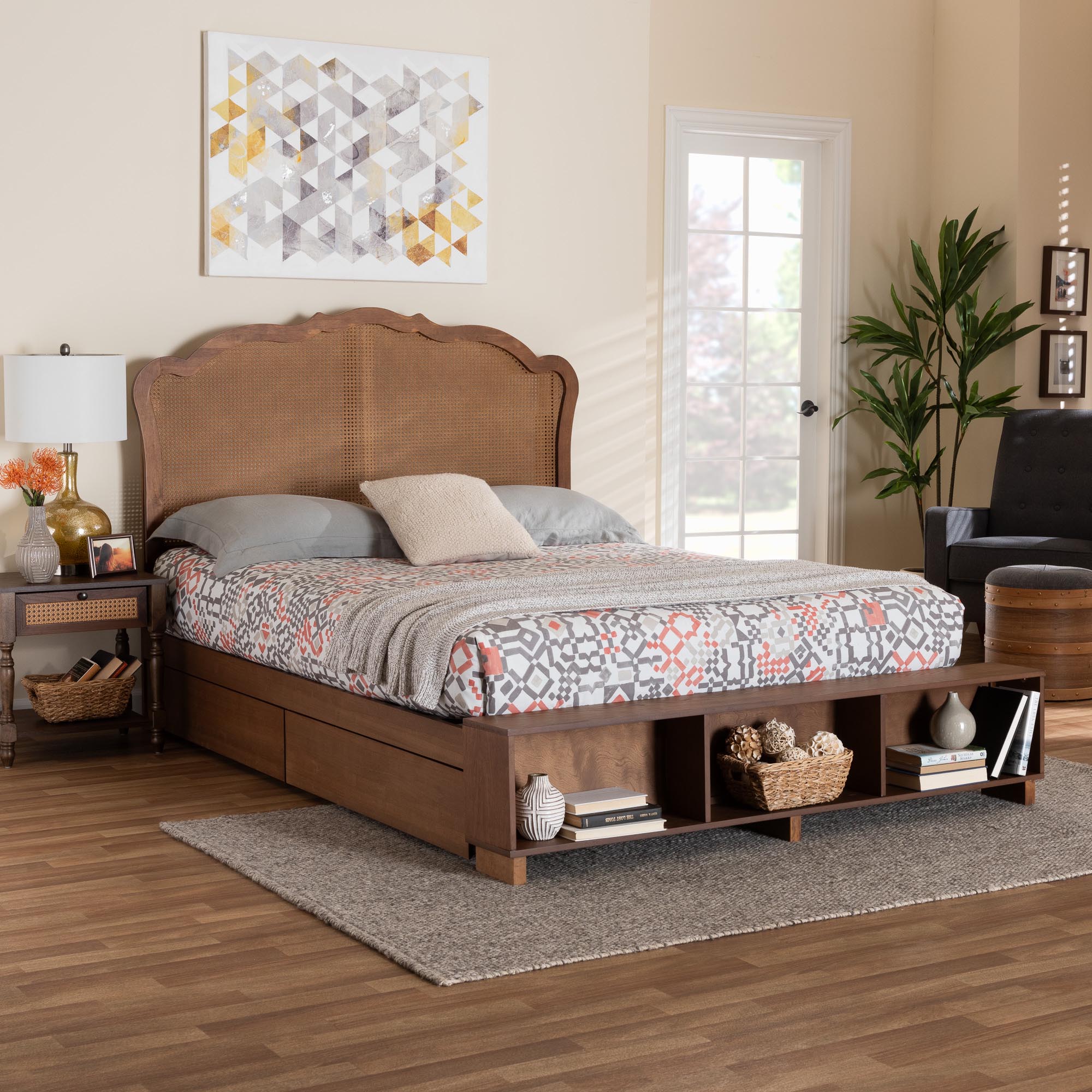 Adrian King Walnut Wood & Rattan Storage Bed – Mid‑Century Modern with Hidden Drawers