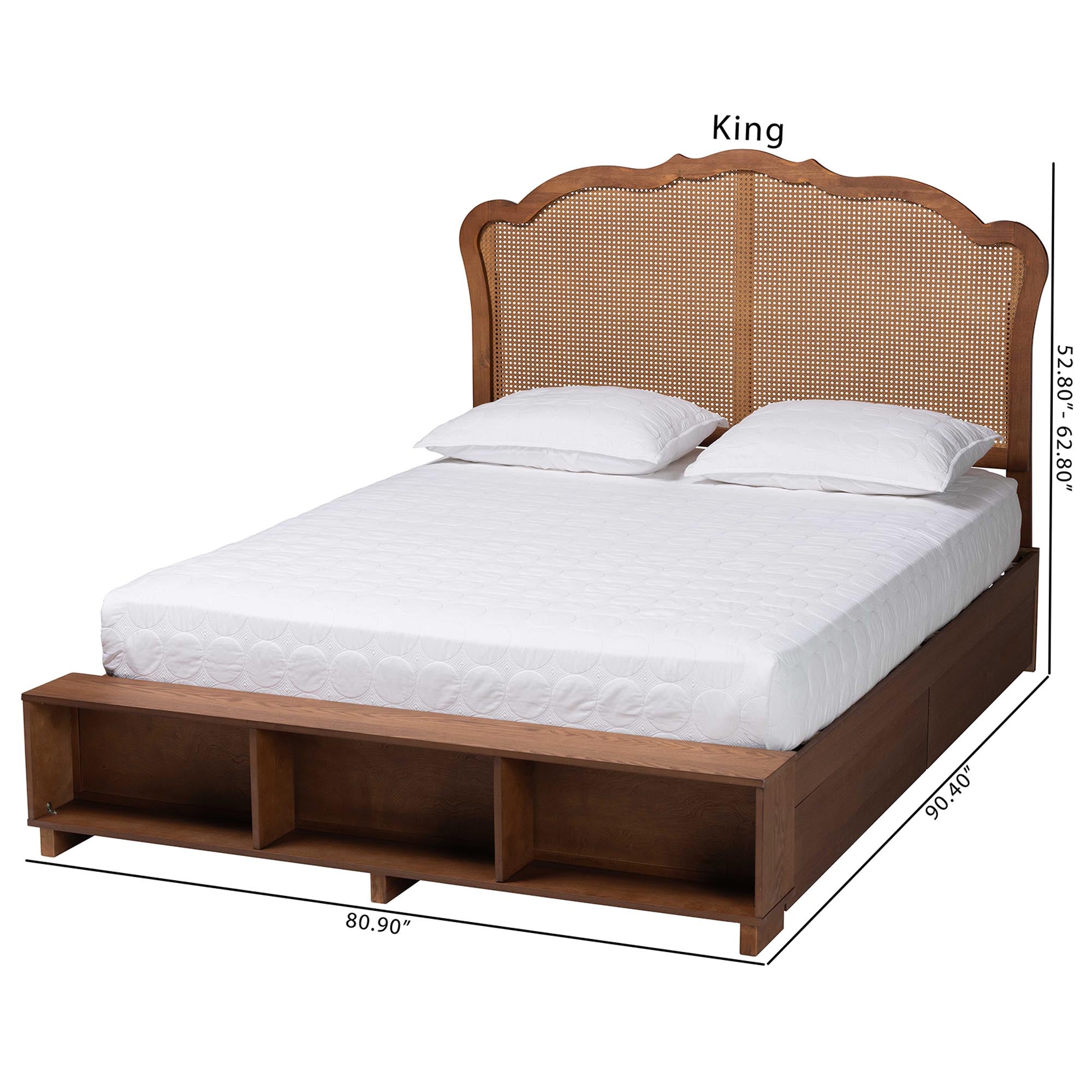 Adrian King Walnut Wood & Rattan Storage Bed – Mid‑Century Modern with Hidden Drawers