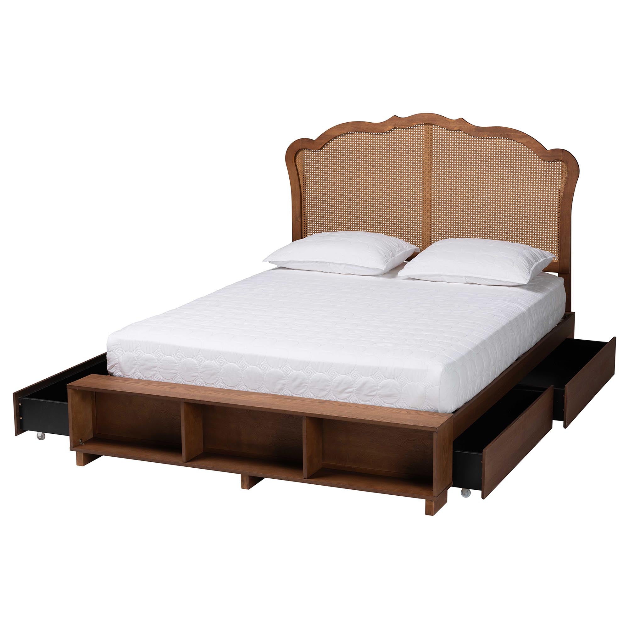 Rona Queen Rubberwood & Rattan Storage Bed – Mid‑Century Modern, 3 Shelf Headboard