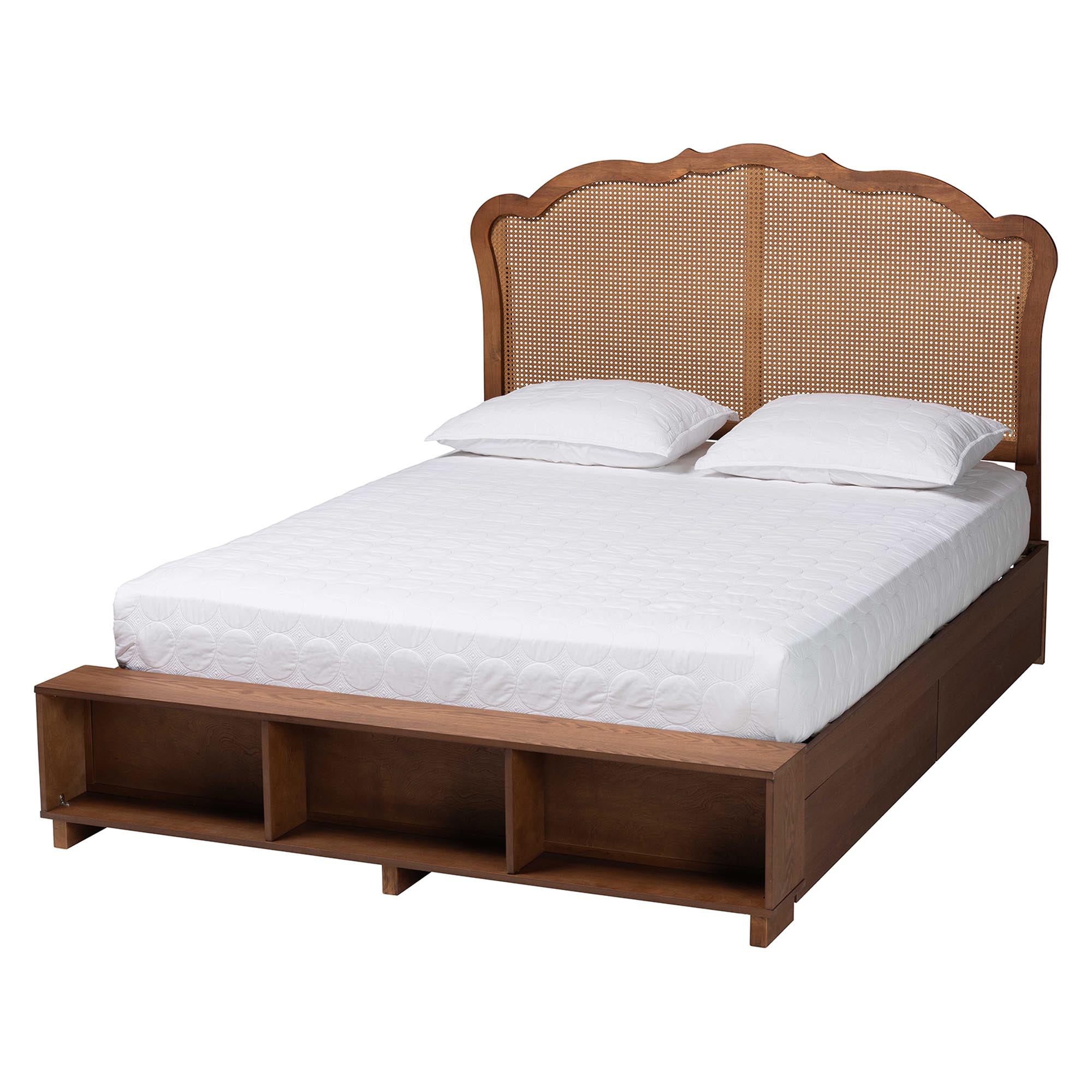 Rona Queen Rubberwood & Rattan Storage Bed – Mid‑Century Modern, 3 Shelf Headboard