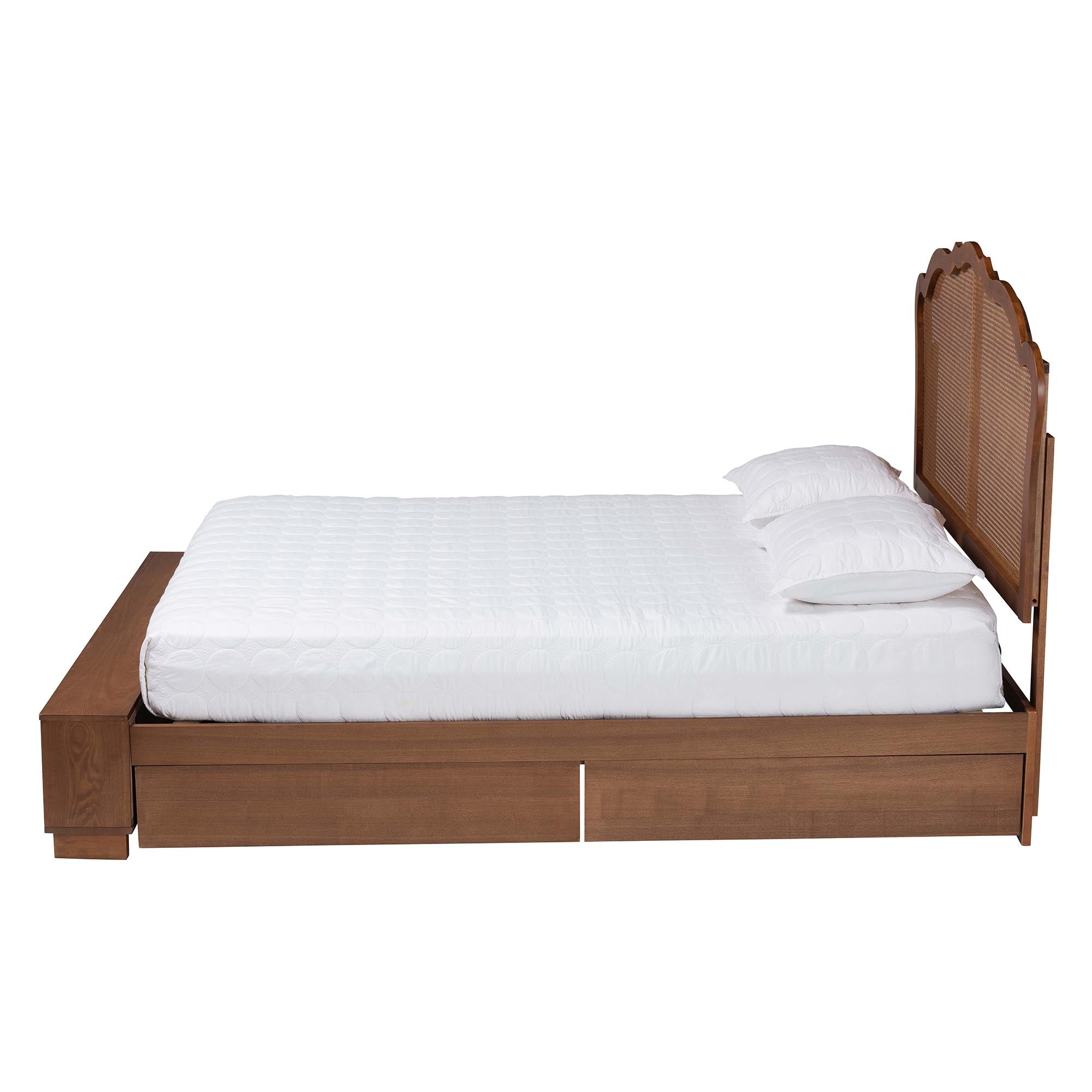 Adrian King Walnut Wood & Rattan Storage Bed – Mid‑Century Modern with Hidden Drawers