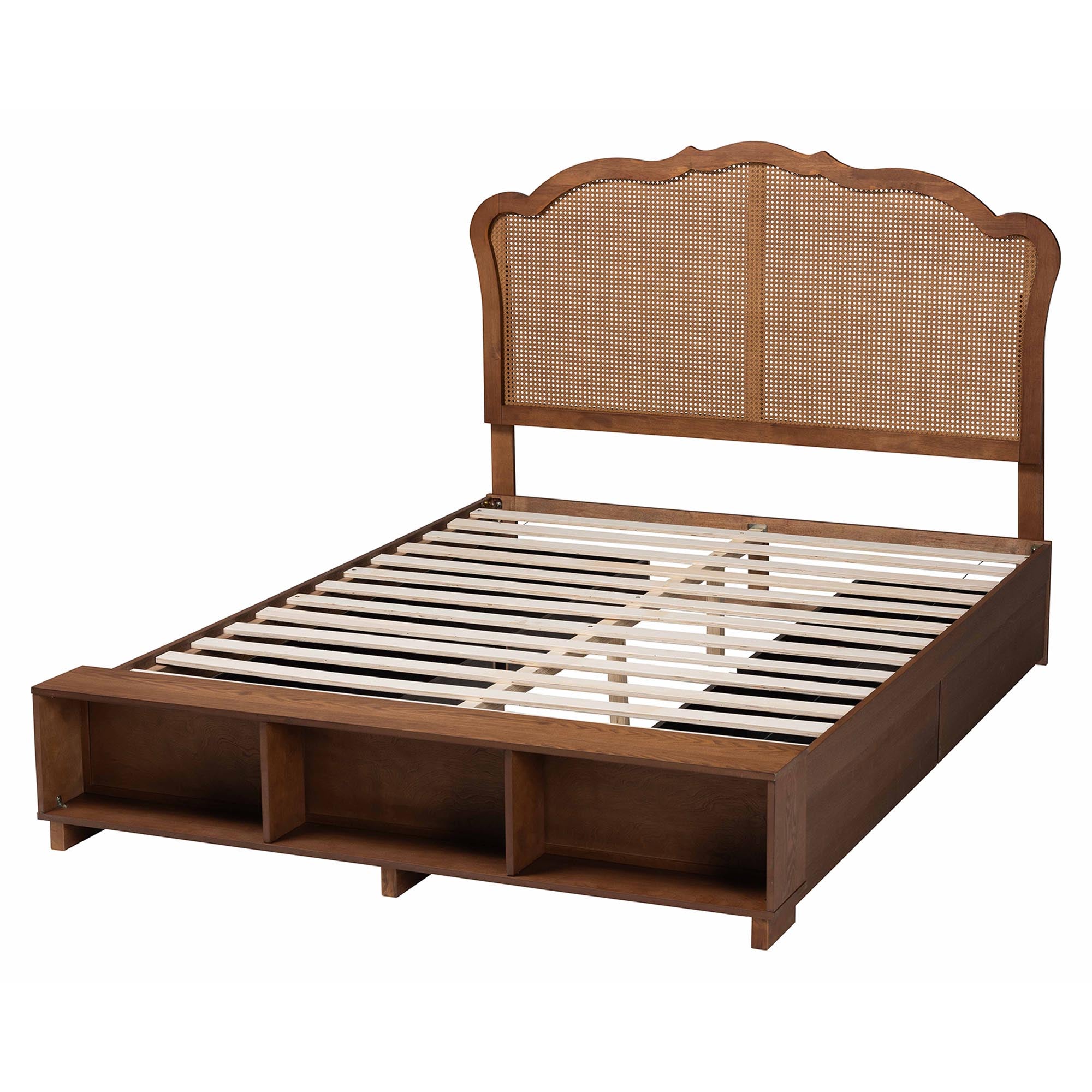 Rona Queen Rubberwood & Rattan Storage Bed – Mid‑Century Modern, 3 Shelf Headboard