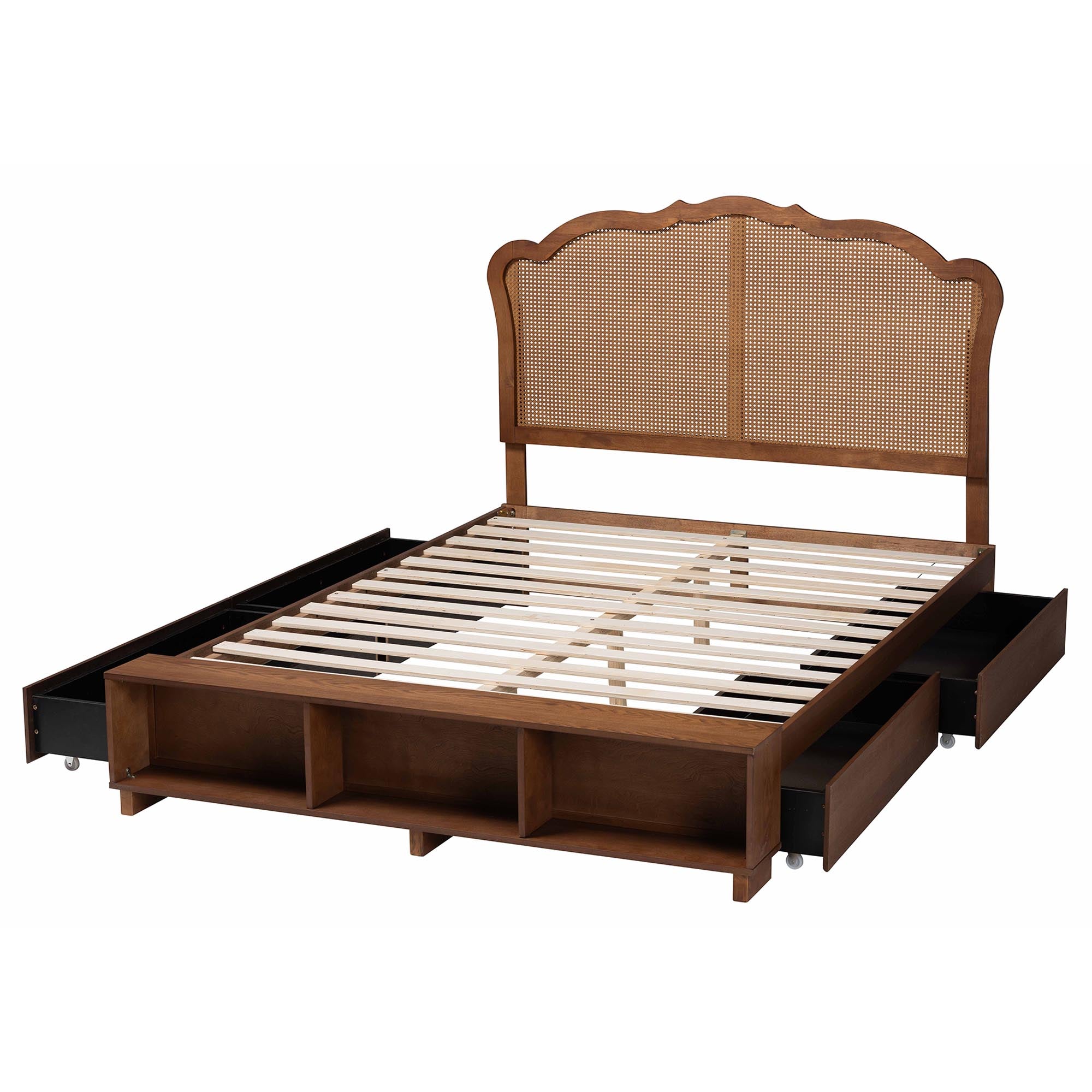 Rona Queen Rubberwood & Rattan Storage Bed – Mid‑Century Modern, 3 Shelf Headboard