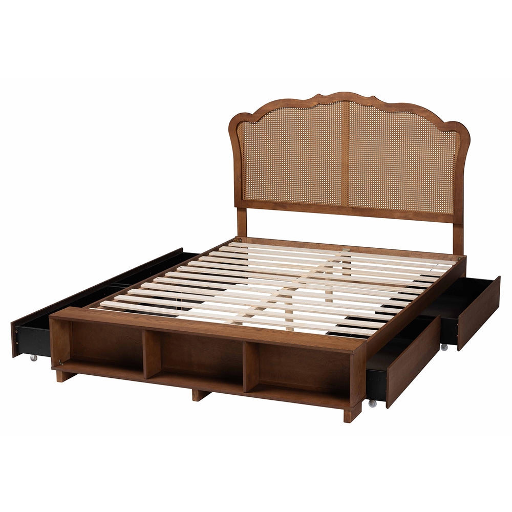 Adrian King Walnut Wood & Rattan Storage Bed – Mid‑Century Modern with Hidden Drawers