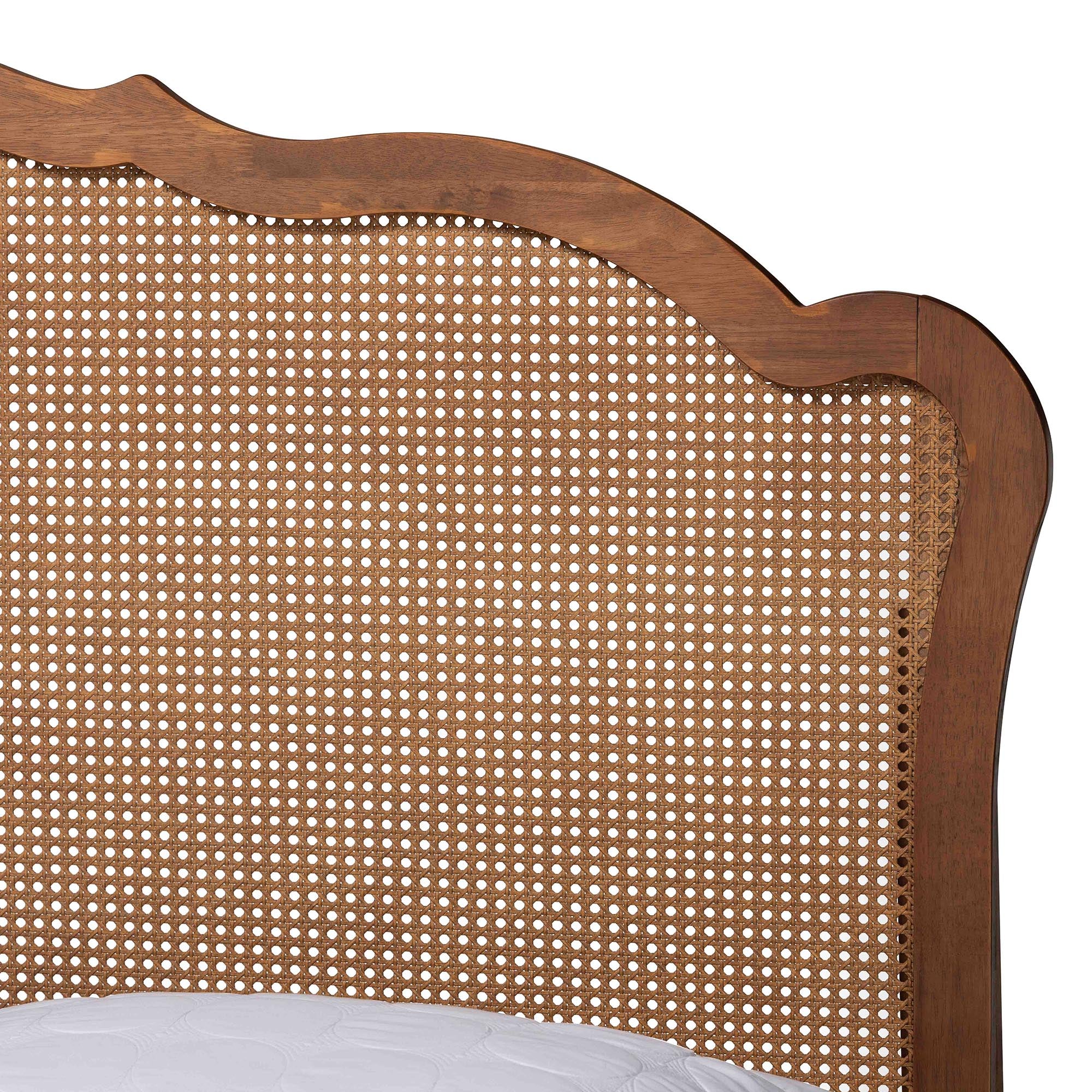 Rona Queen Rubberwood & Rattan Storage Bed – Mid‑Century Modern, 3 Shelf Headboard