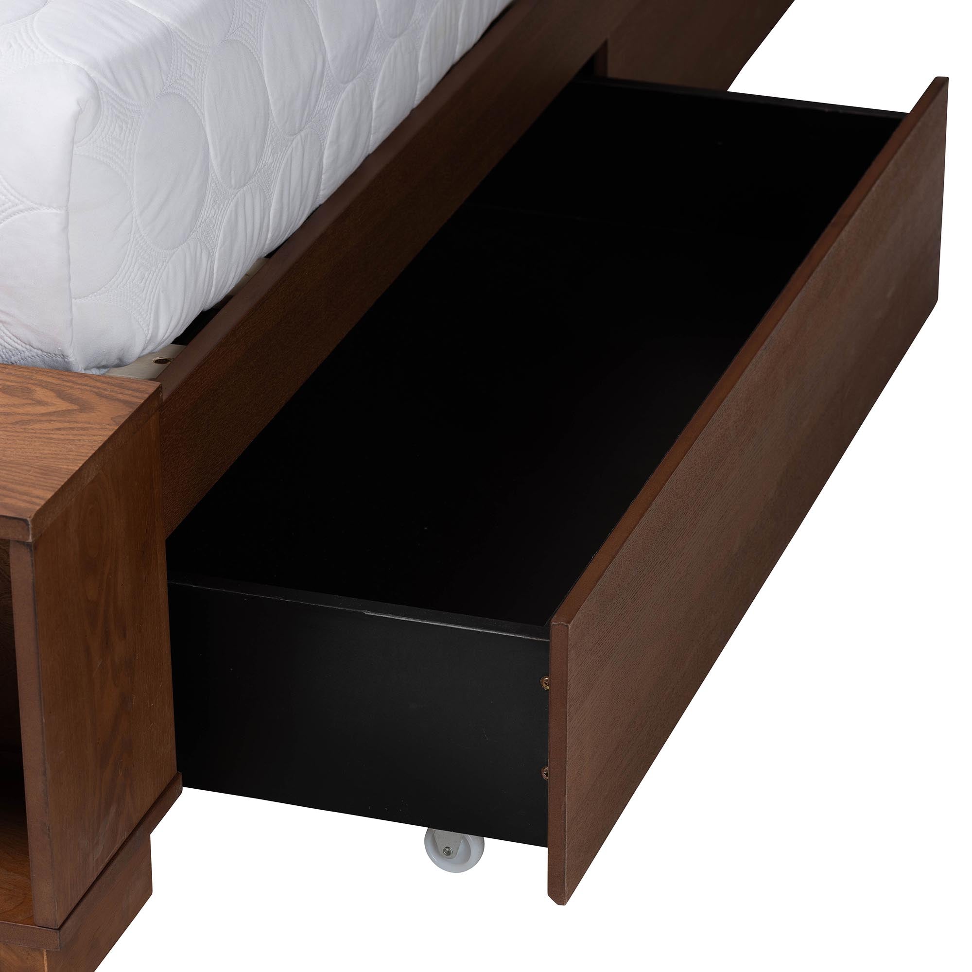 Rona Queen Rubberwood & Rattan Storage Bed – Mid‑Century Modern, 3 Shelf Headboard