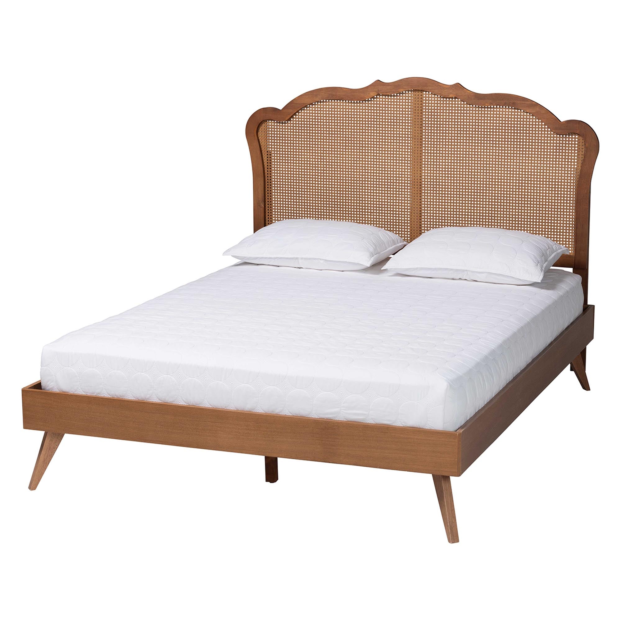 Ophelia Queen Rubberwood & Synthetic Rattan Platform Bed – Walnut Mid‑Century Style