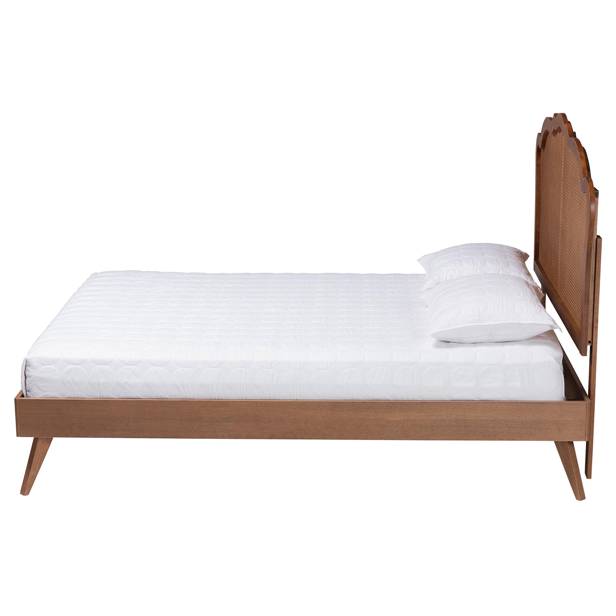 Ophelia Queen Rubberwood & Synthetic Rattan Platform Bed – Walnut Mid‑Century Style