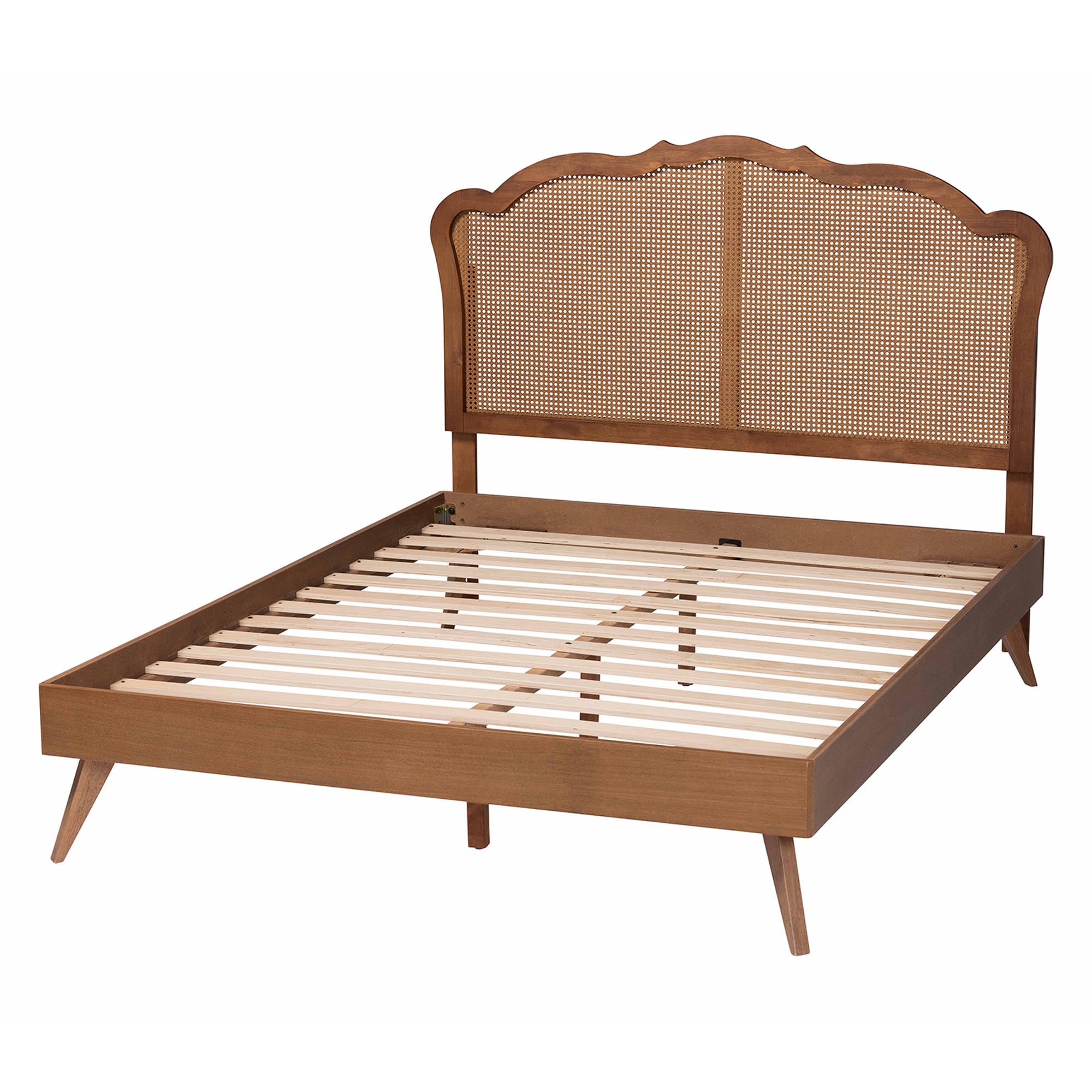 Ophelia Queen Rubberwood & Synthetic Rattan Platform Bed – Walnut Mid‑Century Style