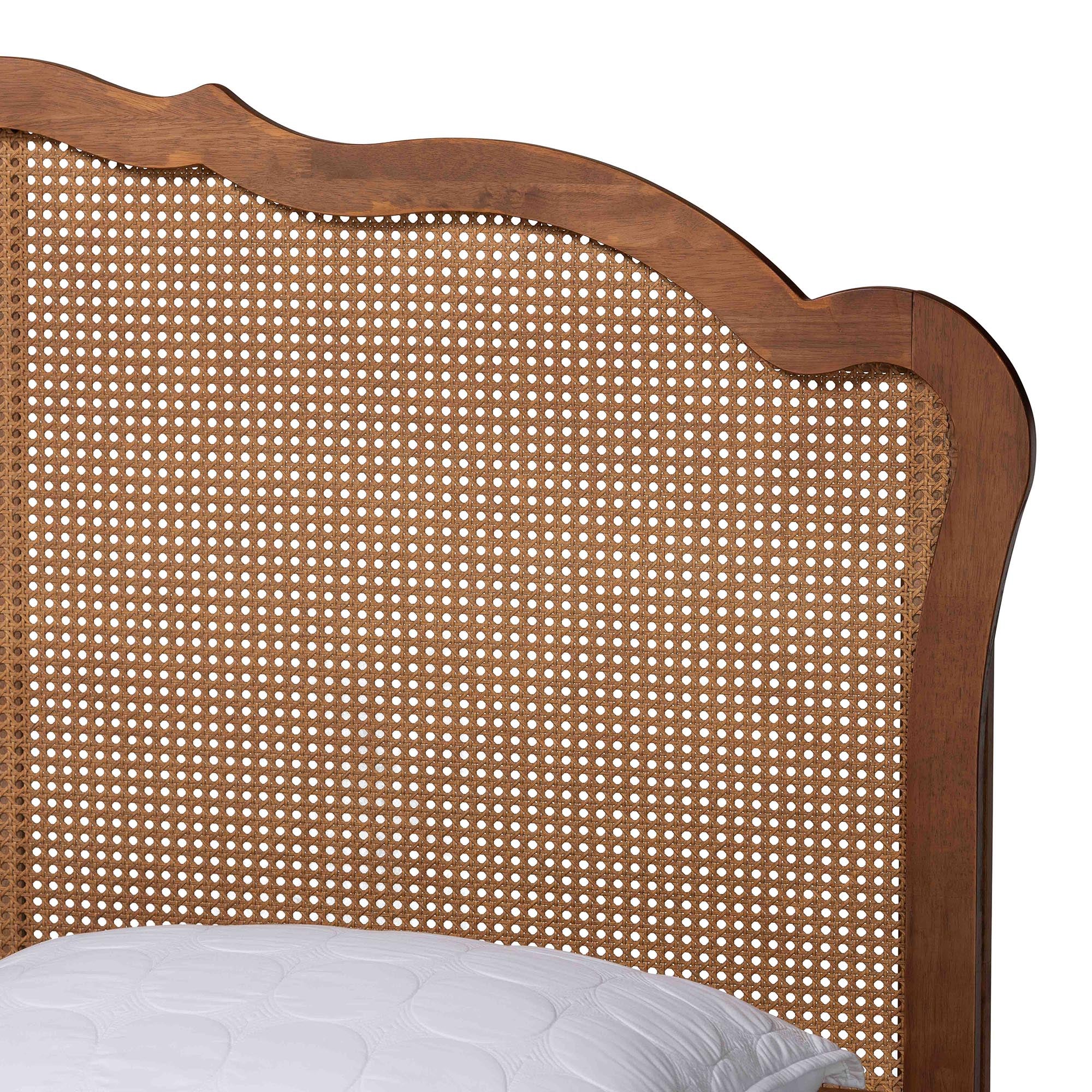 Atlantes King Size Walnut Rubberwood Platform Bed with Woven Rattan Headboard – Adjustable Height
