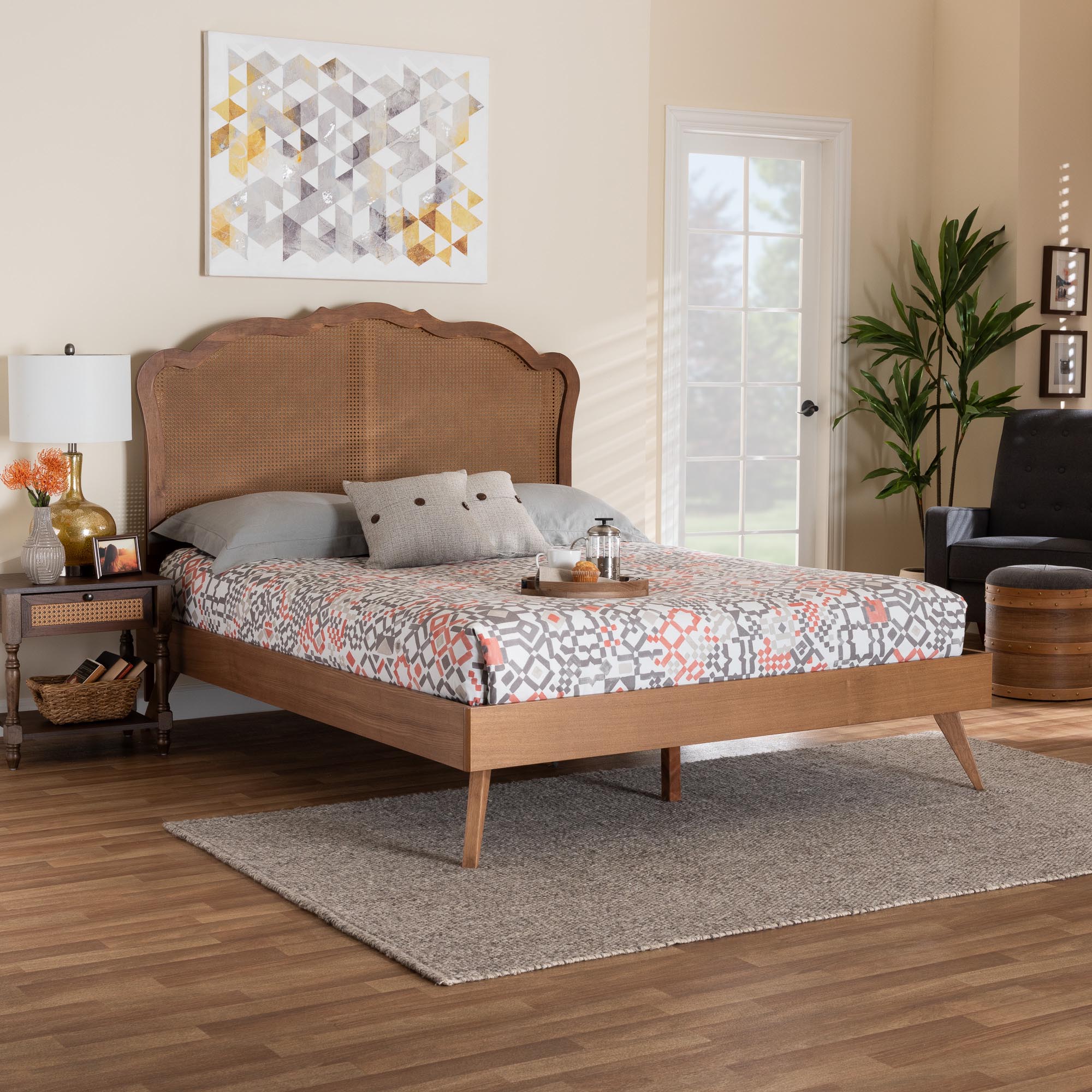 Ophelia Queen Rubberwood & Synthetic Rattan Platform Bed – Walnut Mid‑Century Style