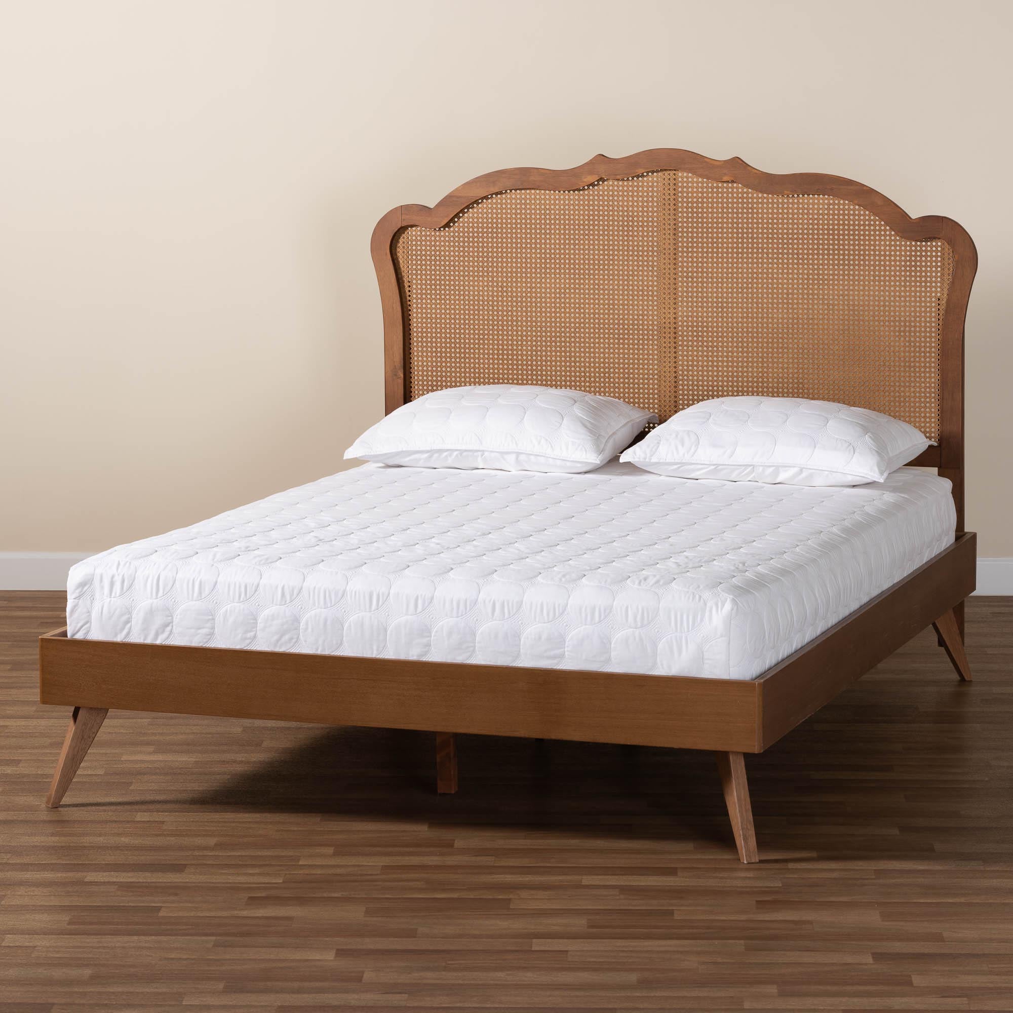 Ophelia Queen Rubberwood & Synthetic Rattan Platform Bed – Walnut Mid‑Century Style