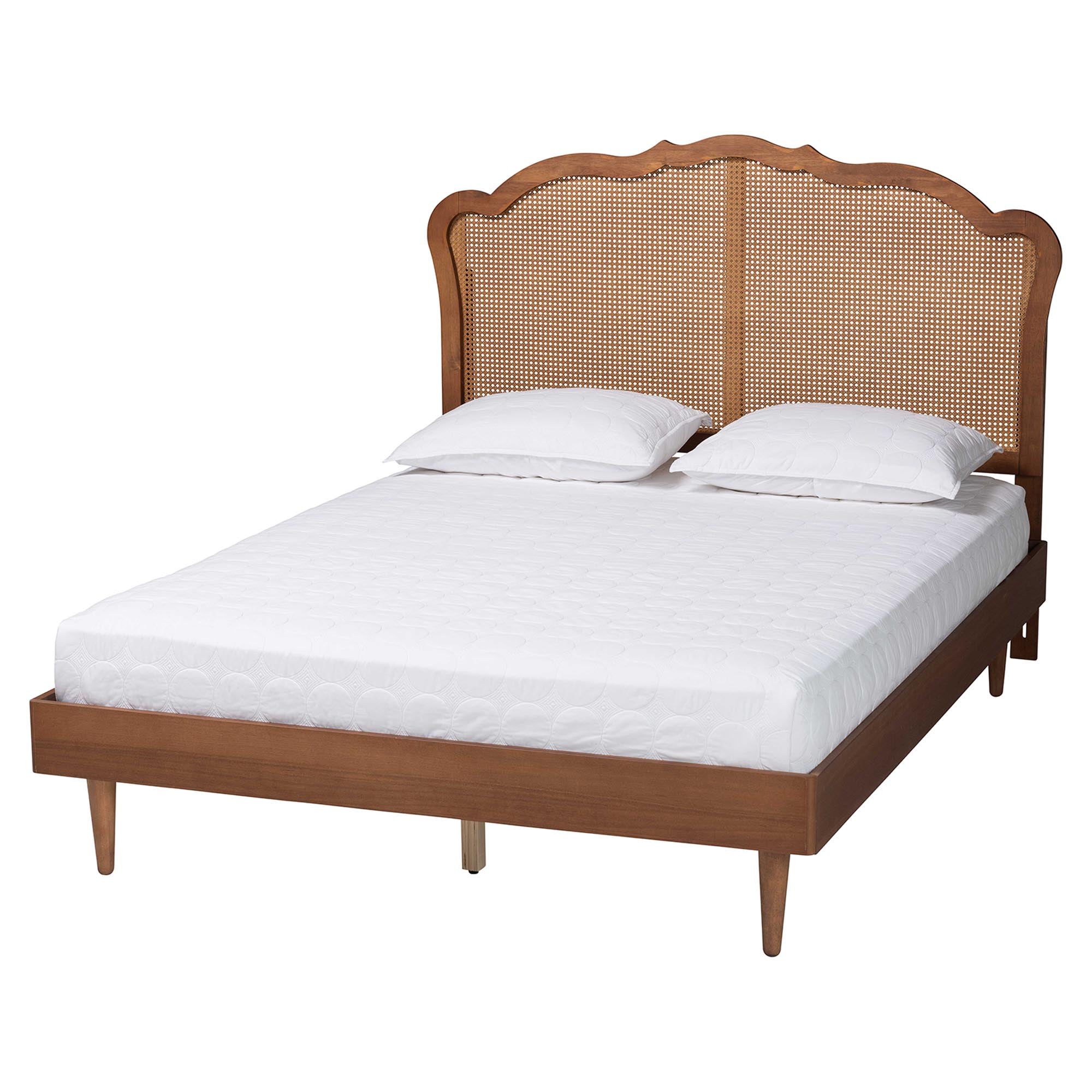 Navarro King Walnut Wood Platform Bed – Mid‑Century Tapered‑Leg Frame with Rattan Detail