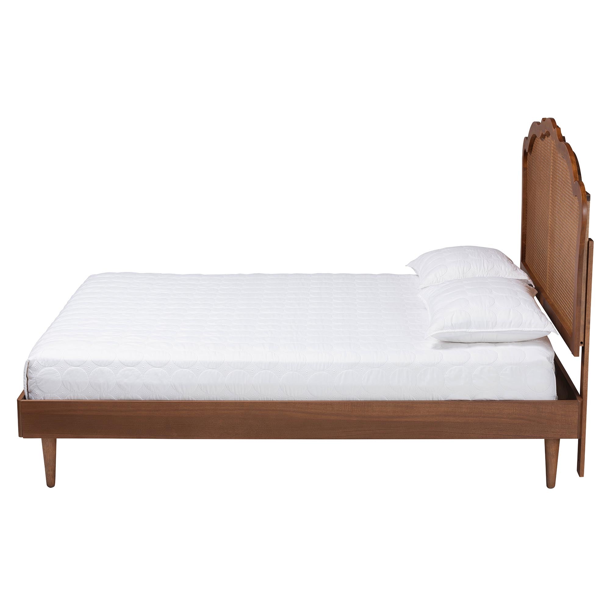 Navarro King Walnut Wood Platform Bed – Mid‑Century Tapered‑Leg Frame with Rattan Detail