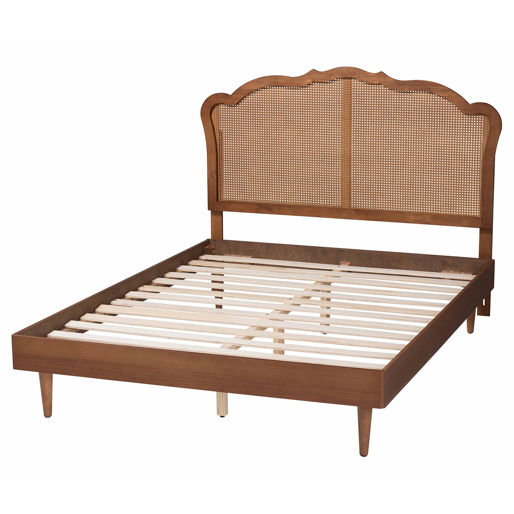 Kacia Queen Wood & Rattan Platform Bed – Walnut Mid‑Century With Height‑Adjustable Headboard