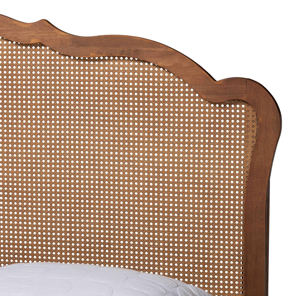 Navarro King Walnut Wood Platform Bed – Mid‑Century Tapered‑Leg Frame with Rattan Detail