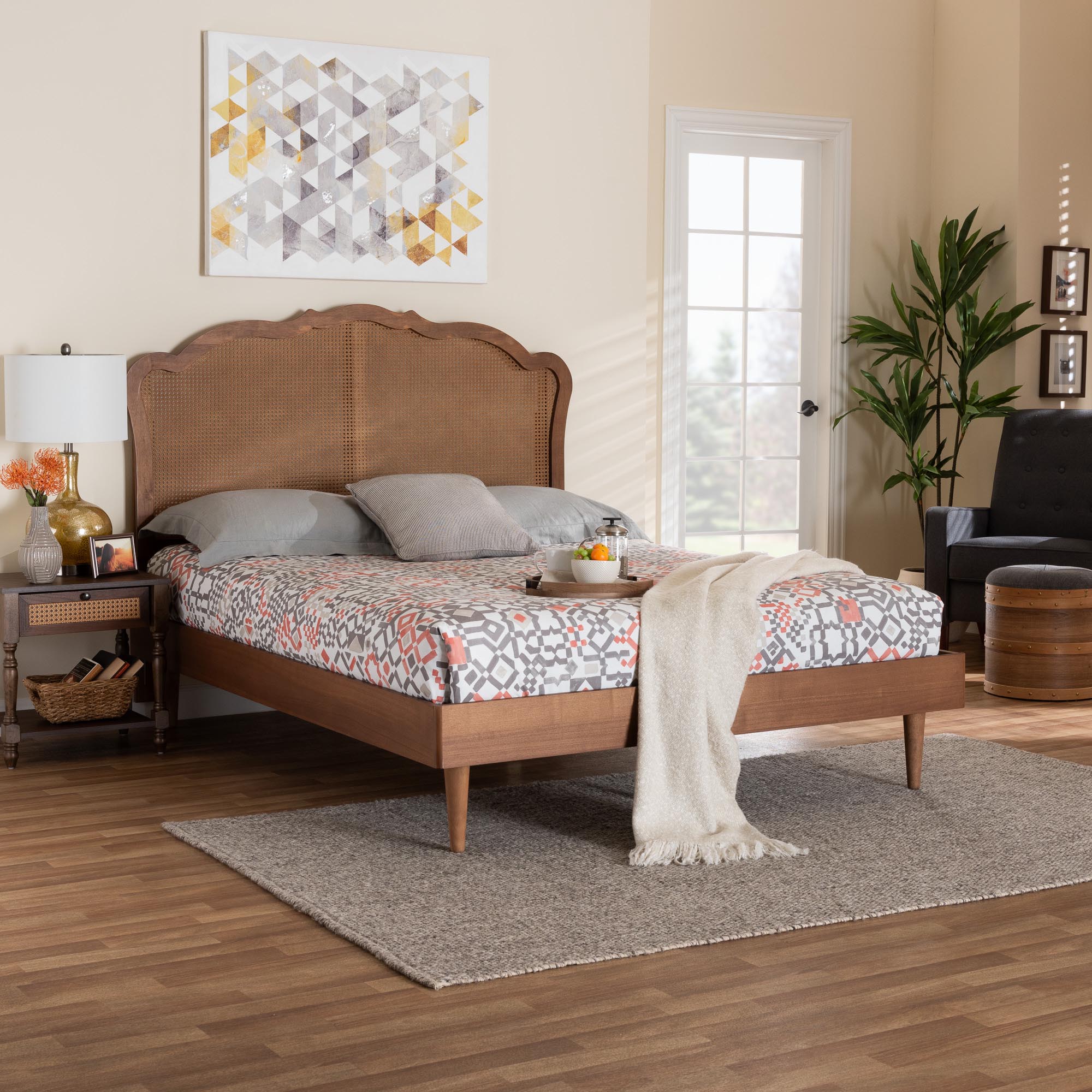 Kacia Queen Wood & Rattan Platform Bed – Walnut Mid‑Century With Height‑Adjustable Headboard