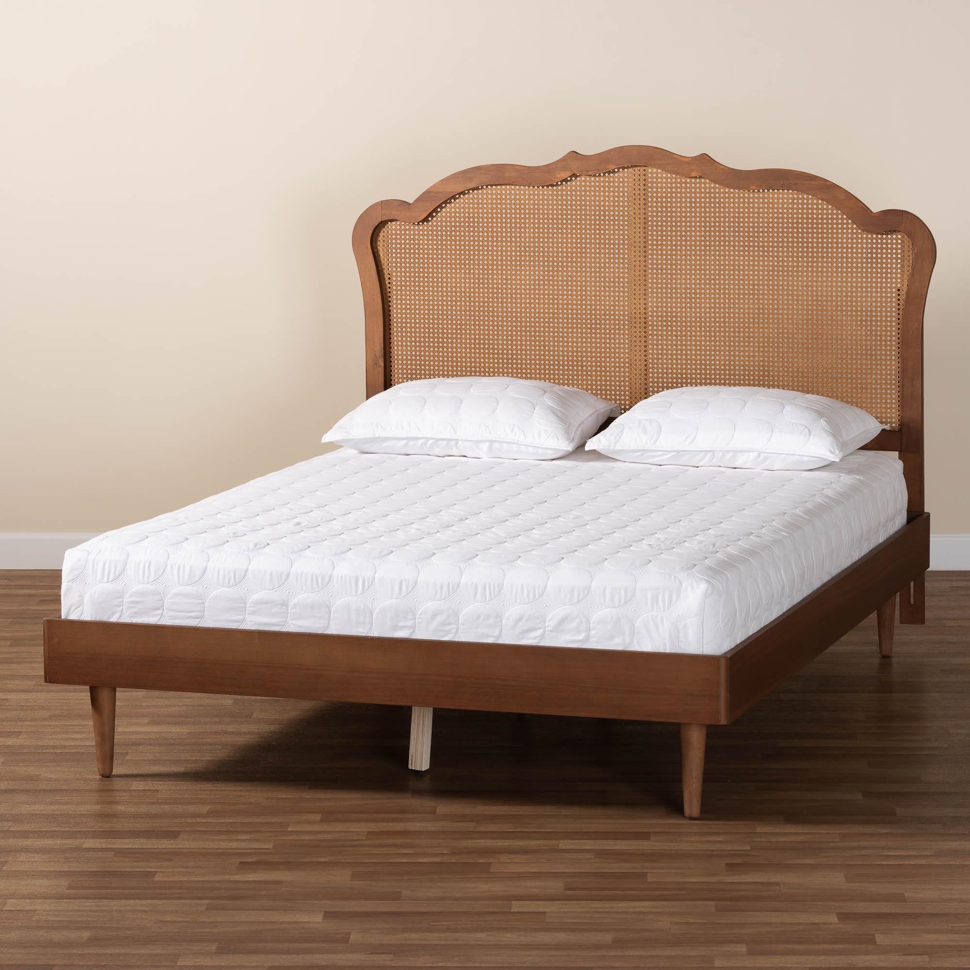 Kacia Queen Wood & Rattan Platform Bed – Walnut Mid‑Century With Height‑Adjustable Headboard