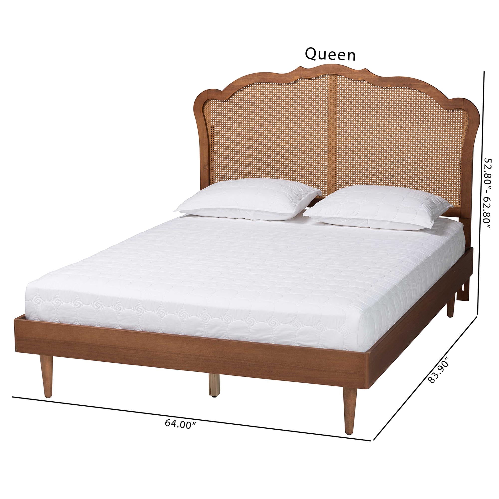Kacia Queen Wood & Rattan Platform Bed – Walnut Mid‑Century With Height‑Adjustable Headboard