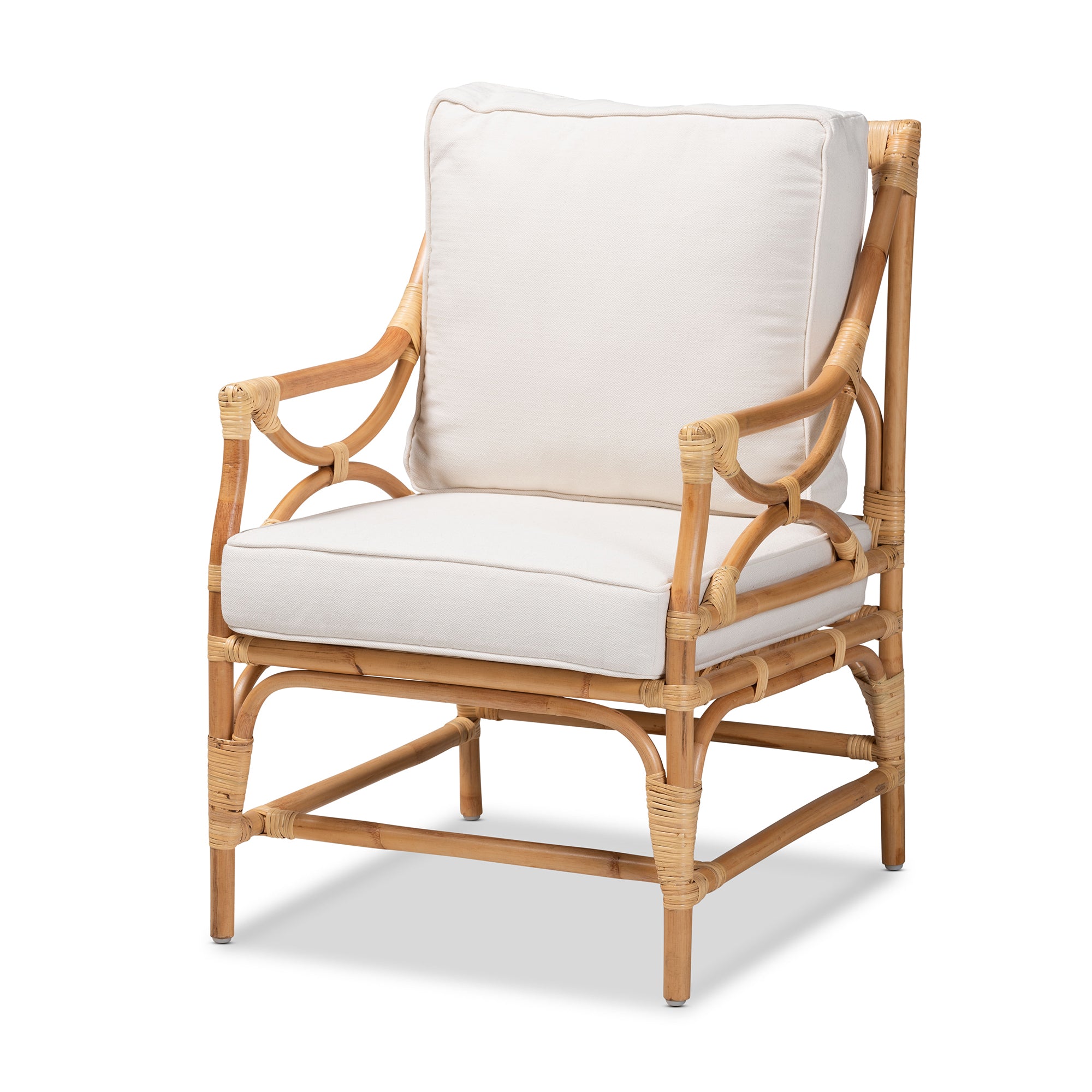 bali & pari Brandon Modern Bohemian White Fabric Upholstered and Natural Brown Rattan Armchair