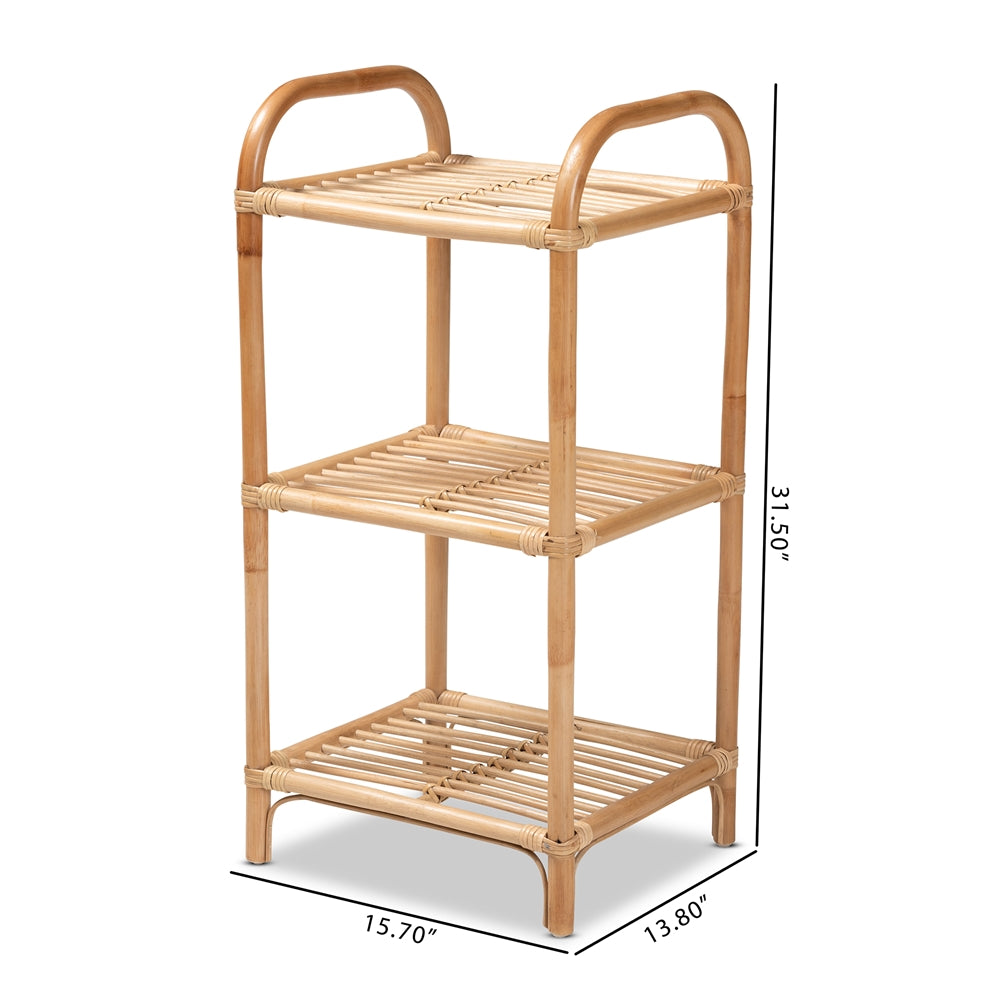 Barras Modern Bohemian Natural Brown Finished Rattan 3-Tier Display Shelf