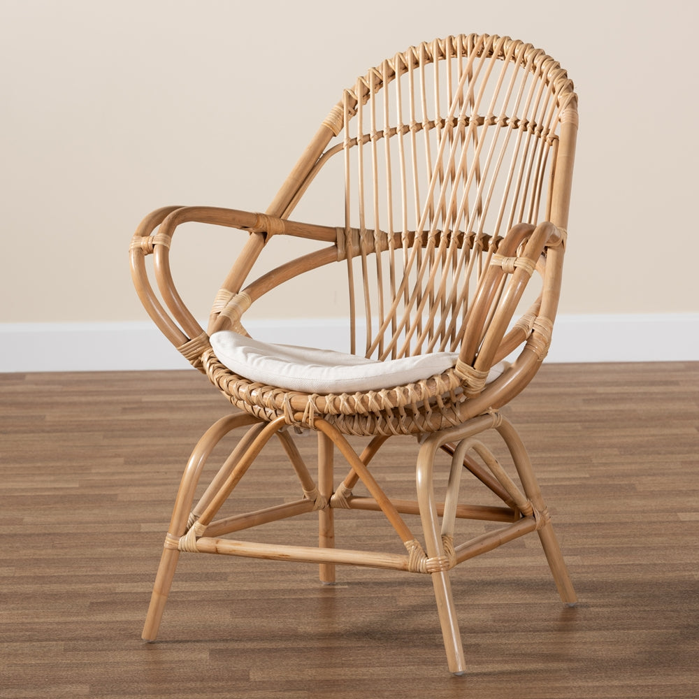 bali & pari Jayden Modern Bohemian White Fabric Upholstered and Natural Brown Finished Rattan Accent Chair