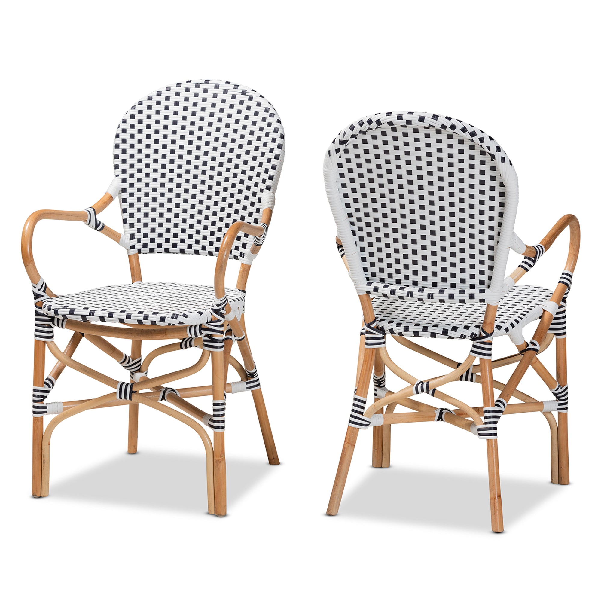 bali & pari Naila Classic French Black and White Weaving and Natural Brown Rattan 2-Piece Indoor and Outdoor Bistro Chair Set