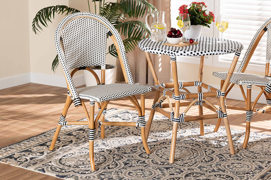 bali & pari Genica Classic French Black and White Weaving and Natural Brown Rattan Indoor and Outdoor Bistro Chair