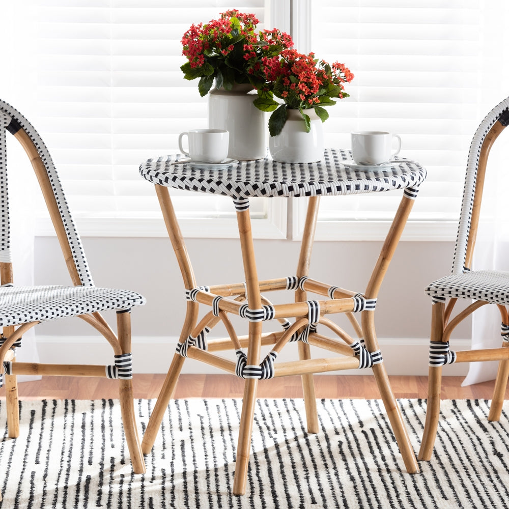bali & pari Tavor Classic French Black and White Weaving and Natural Brown Rattan Indoor and Outdoor Bistro Table