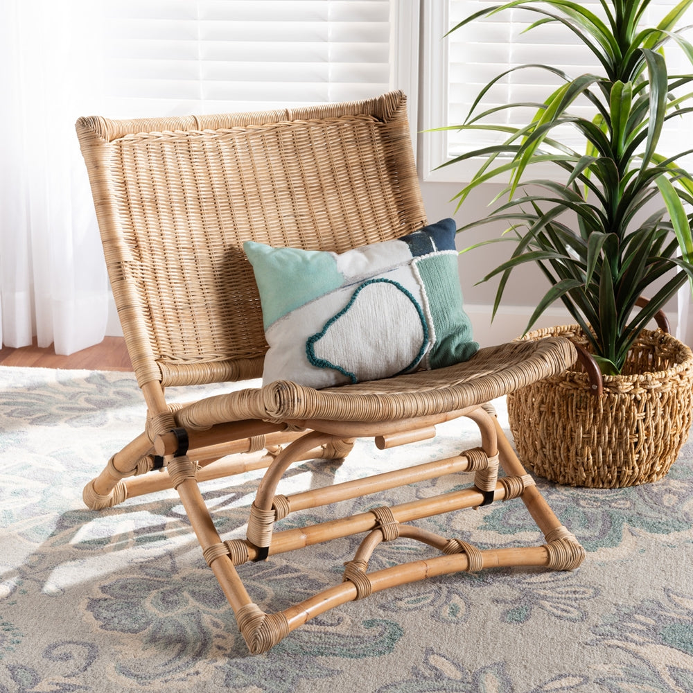 bali & pari Herrara Modern Bohemian Natural Brown Antique Rattan Foldable Lounge Chair