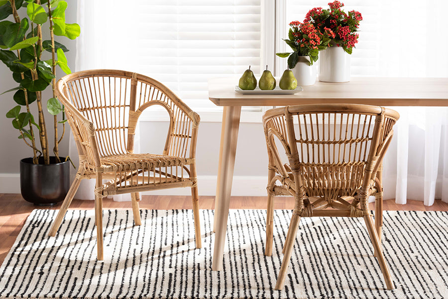bali & pari Alleta Modern Bohemian Natural Brown Rattan 2-Piece Dining Chair Set