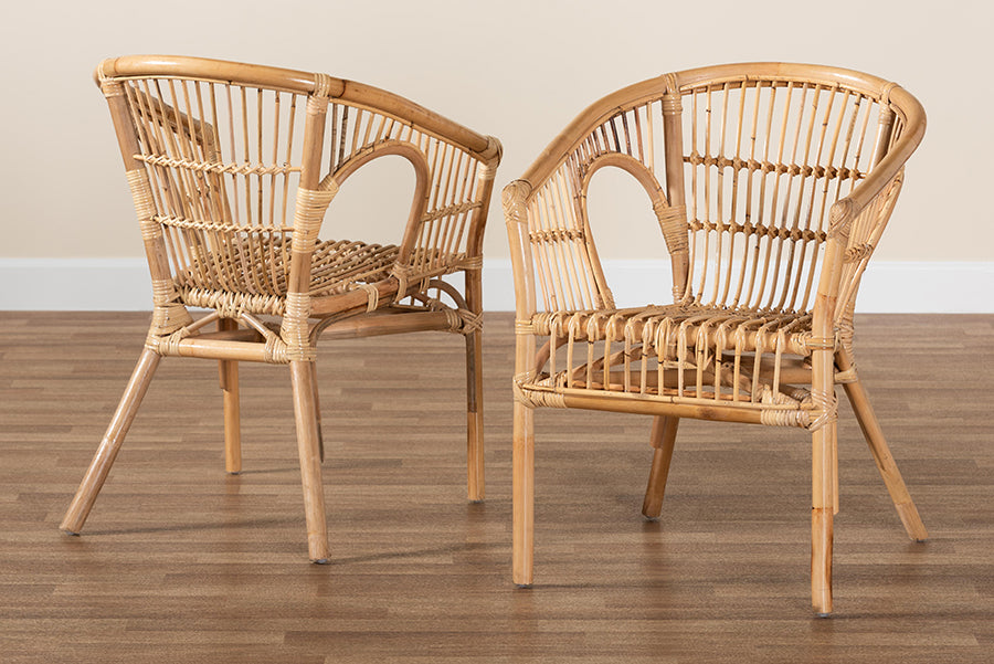 bali & pari Alleta Modern Bohemian Natural Brown Rattan 2-Piece Dining Chair Set