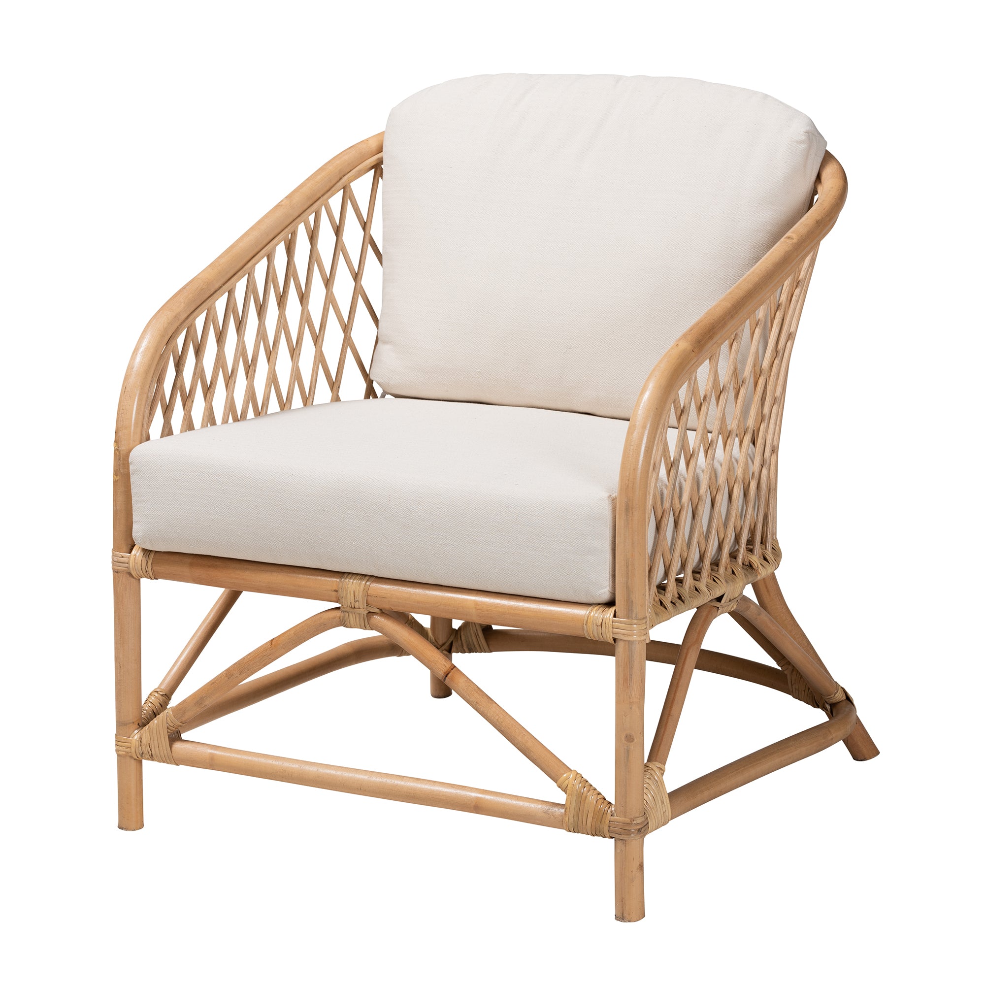 bali & pari Patsy Modern Bohemian White Fabric and Natural Brown Rattan Armchair