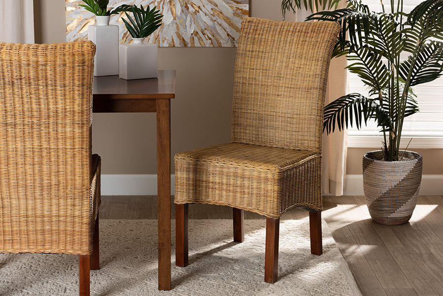 bali & pari Shamara Modern Bohemian Natural Rattan and Mahogany Wood Dining Chair