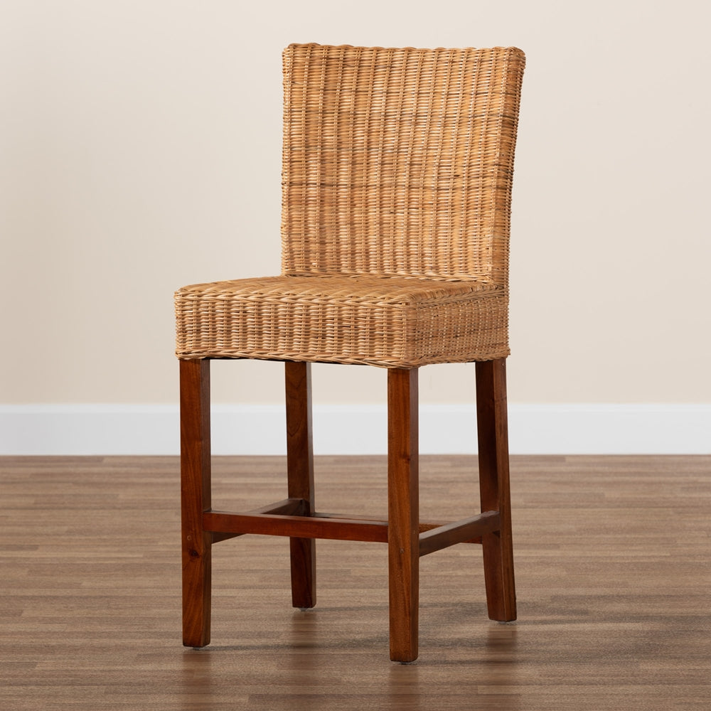 Racquel Modern Bohemian Natural Rattan and Mahogany Wood Counter Stool