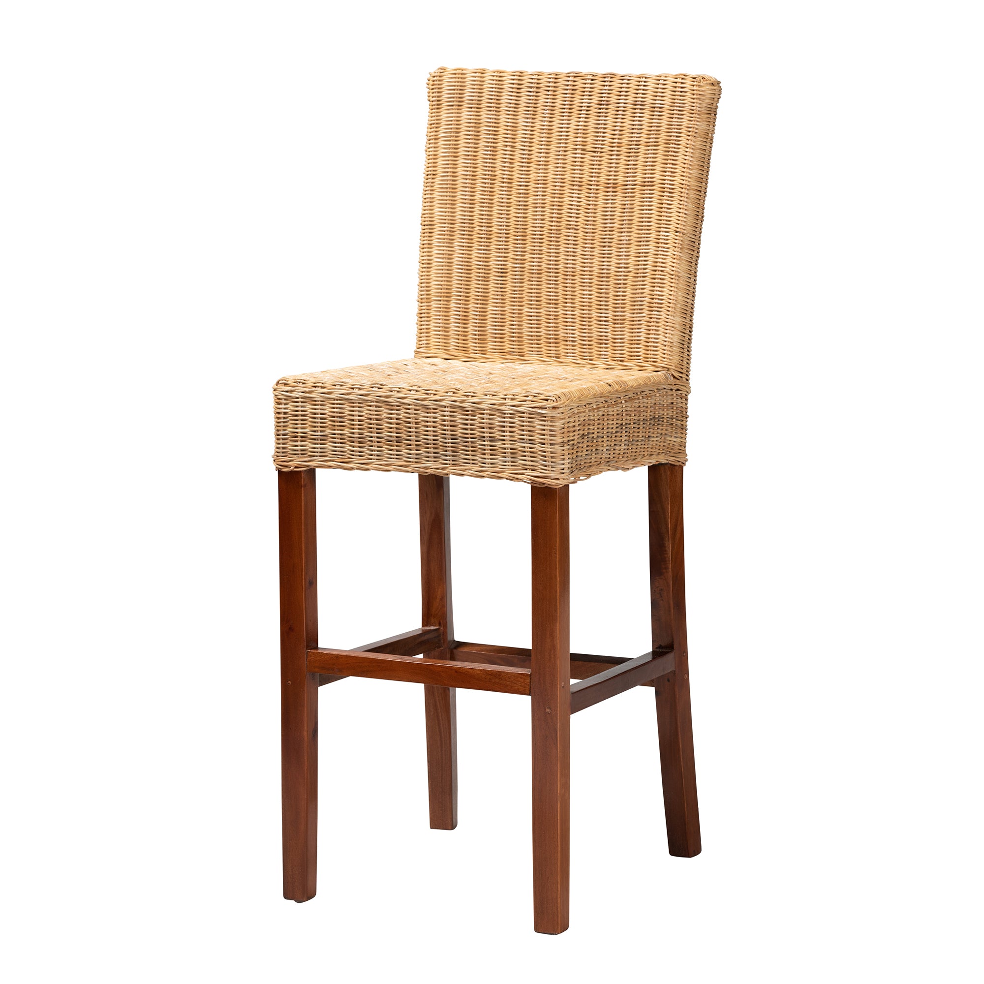 bali & pari Racquel Modern Bohemian Natural Rattan and Mahogany Wood Bar Stool