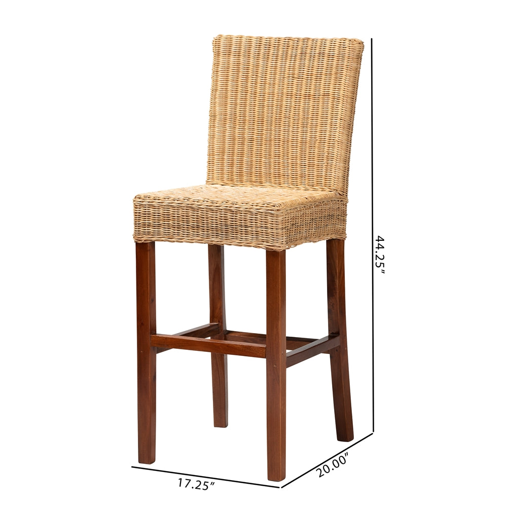 Racquel Modern Bohemian Natural Rattan and Mahogany Wood Bar Stool