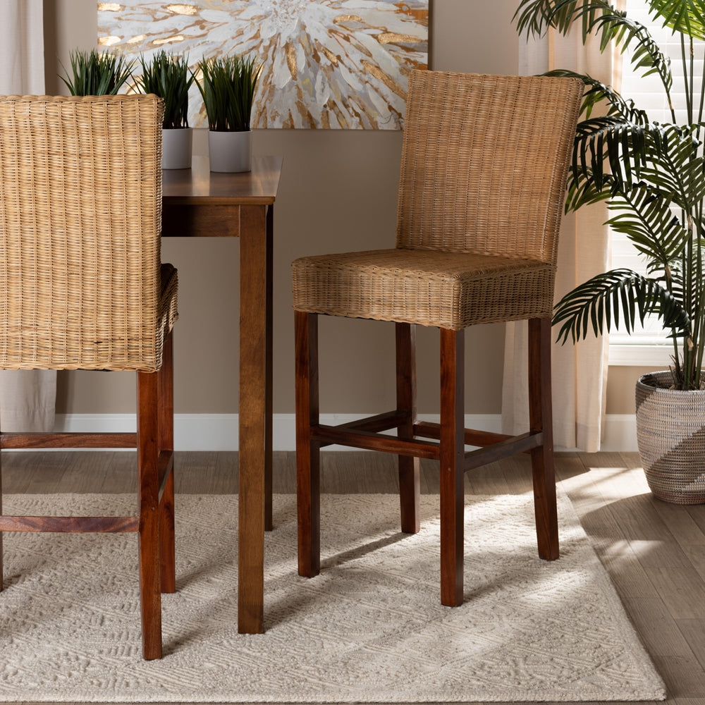 Racquel Modern Bohemian Natural Rattan and Mahogany Wood Bar Stool