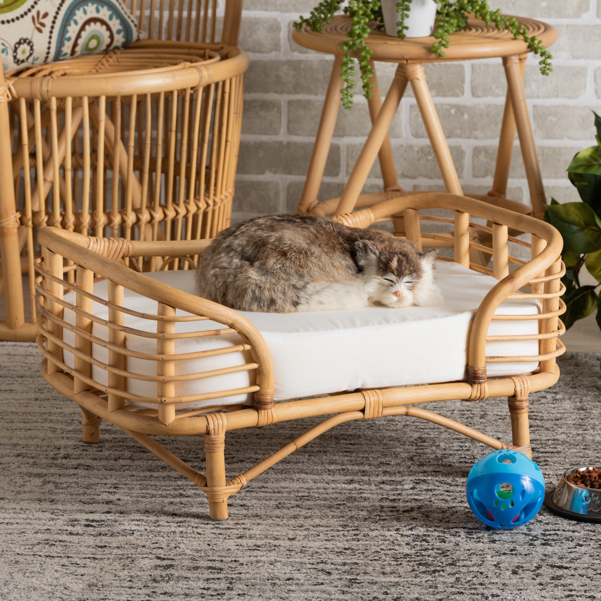 Malino Modern Bohemian Natural Brown Rattan Pet Bed with Cushion