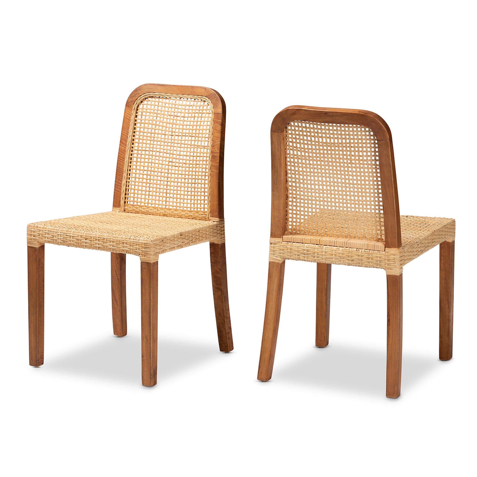 bali & pari Caspia Mid-Century Modern Walnut Brown Mahogany Wood and Natural Rattan 2-Piece Dining Chair Set