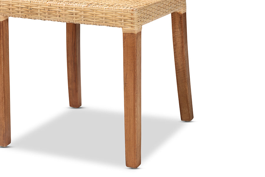 bali & pari Caspia Mid-Century Modern Walnut Brown Mahogany Wood and Natural Rattan 2-Piece Dining Chair Set