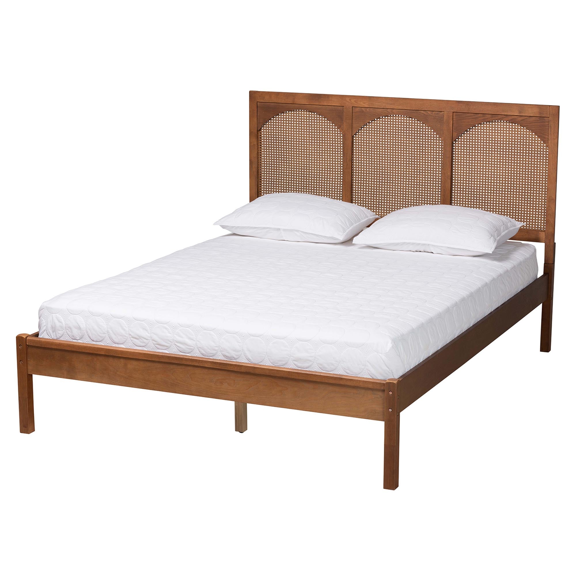 Merk Queen Traditional Wood Platform Bed – Ash Walnut Finish Woven Rattan
