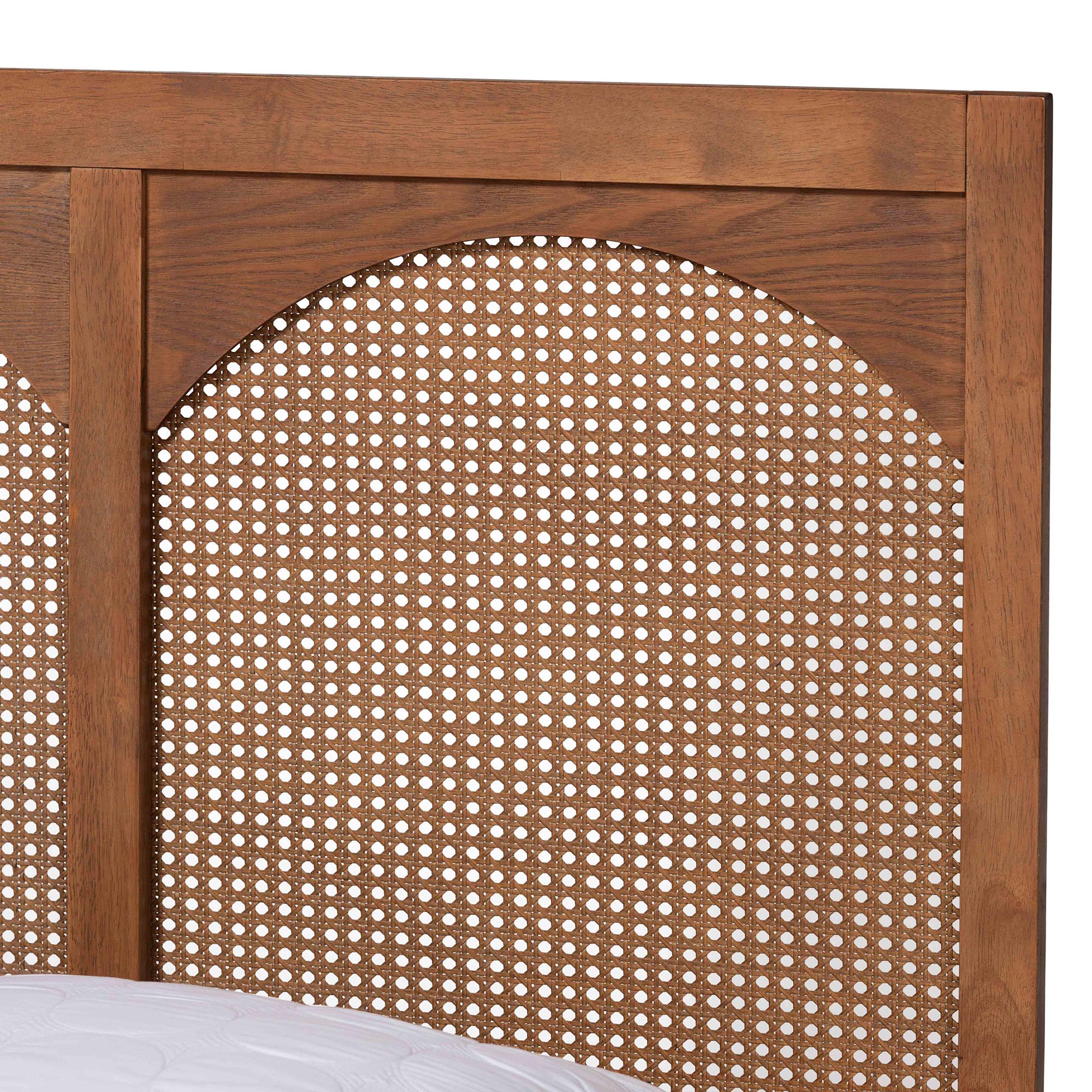 Merk Queen Traditional Wood Platform Bed – Ash Walnut Finish Woven Rattan