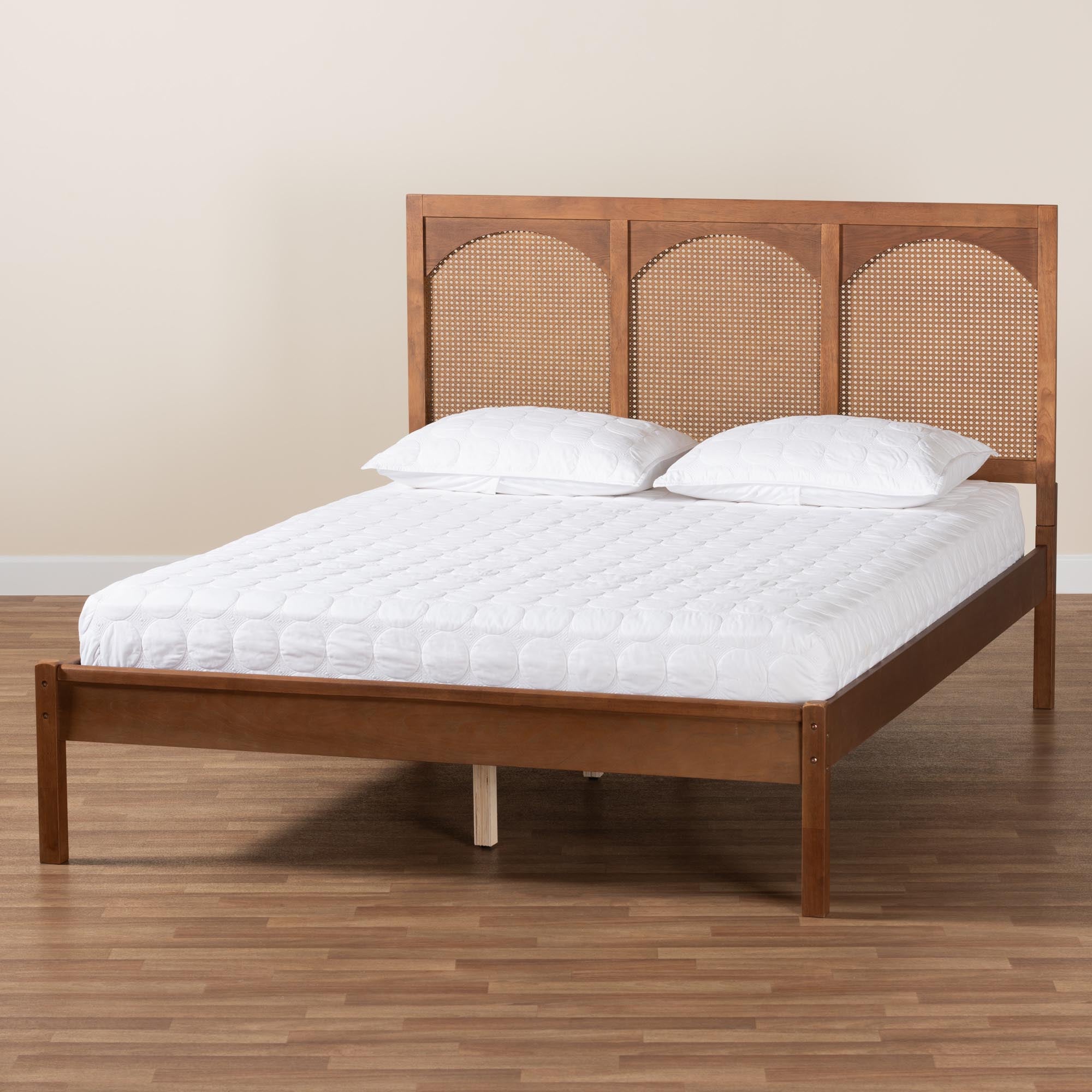 Quaid King Size Ash Walnut Platform Bed – Classic Wood Frame with Rattan Accents