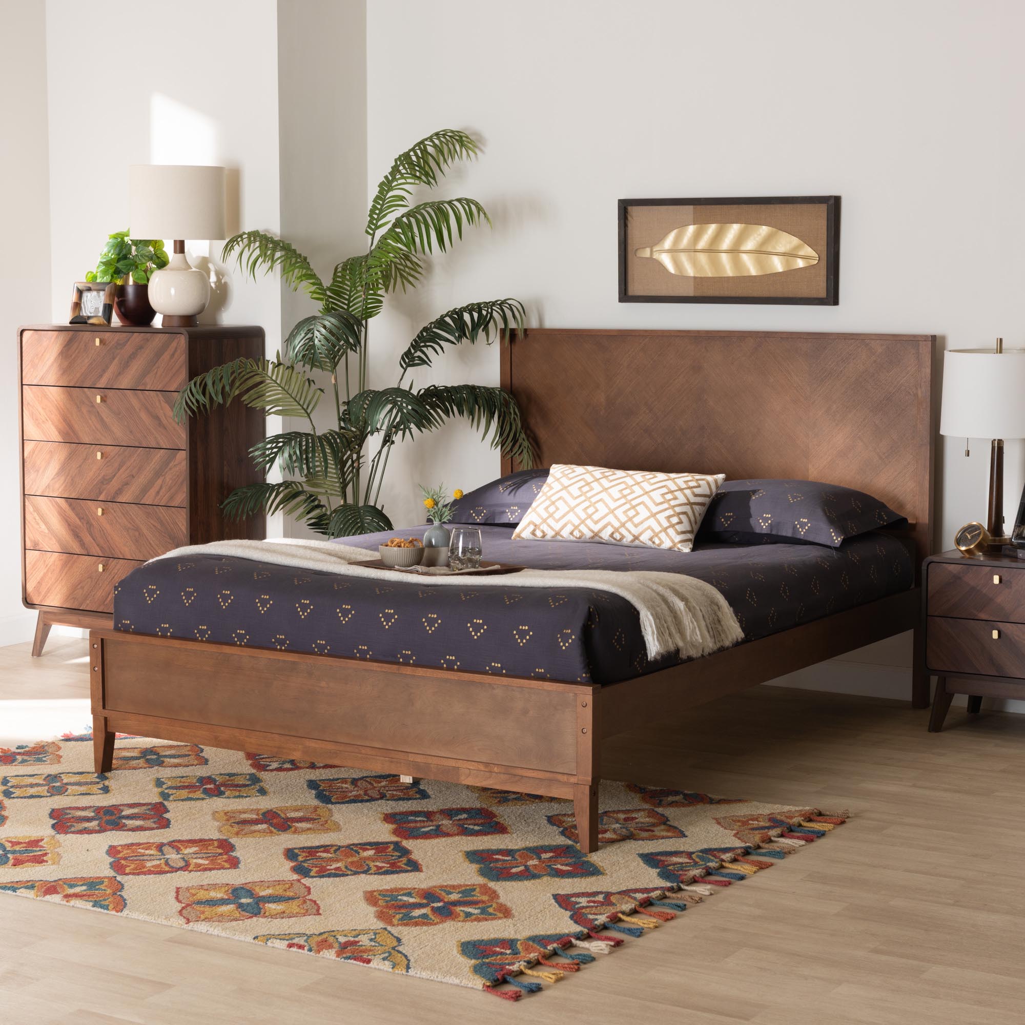 Shiloh Classic King Size Platform Bed Frame – Transitional Ash Walnut Wood with Box Spring Free Design